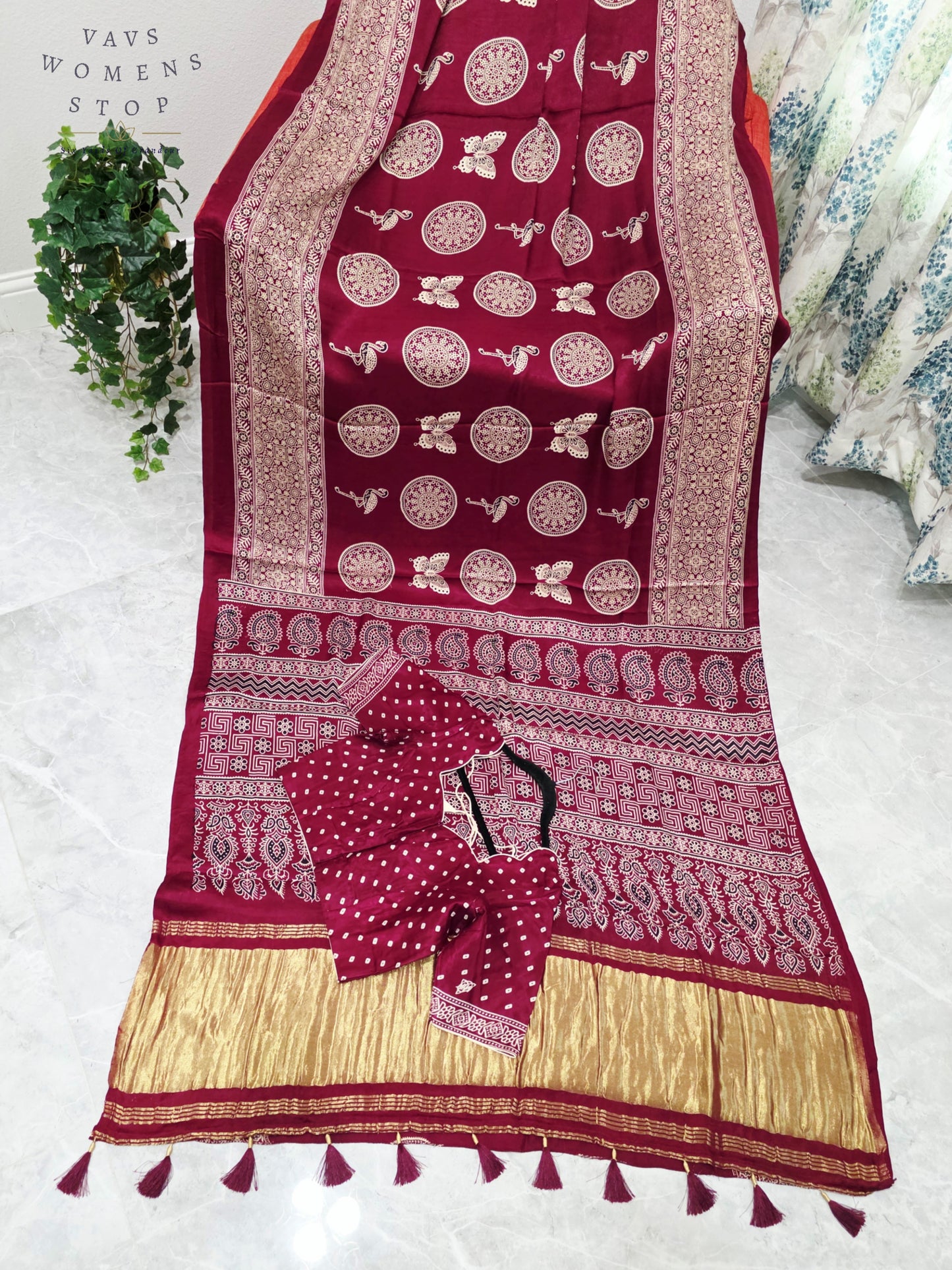 Royal Wine Berry Ajrakh Semi Modal Silk Saree with Artisan Print & Stitched Blouse
