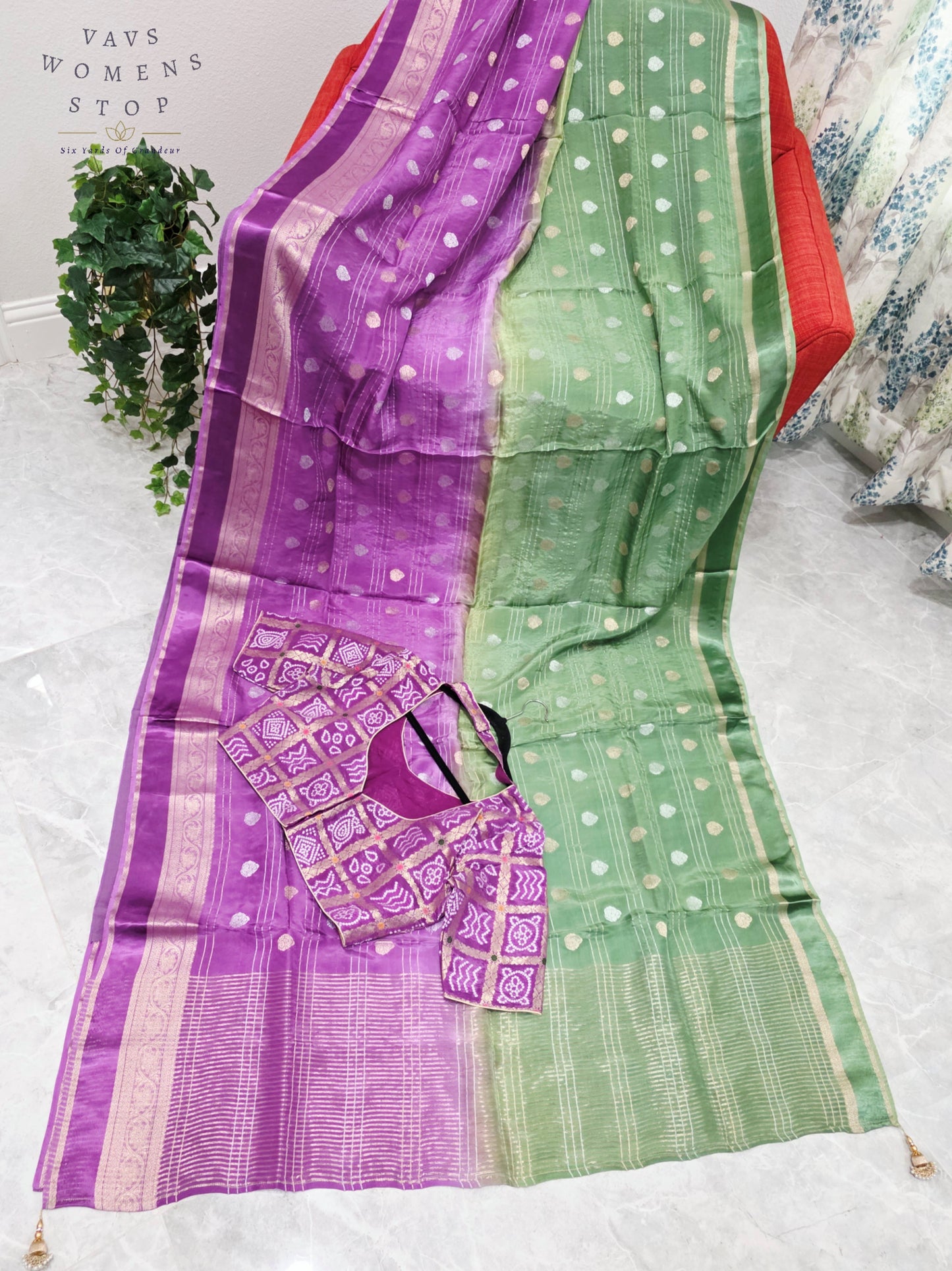 Royal Lavender Orchid & Sage Mint Shaded Soft Viscose Dola Crepe Silk Saree with Gharchola Bandhani Blouse