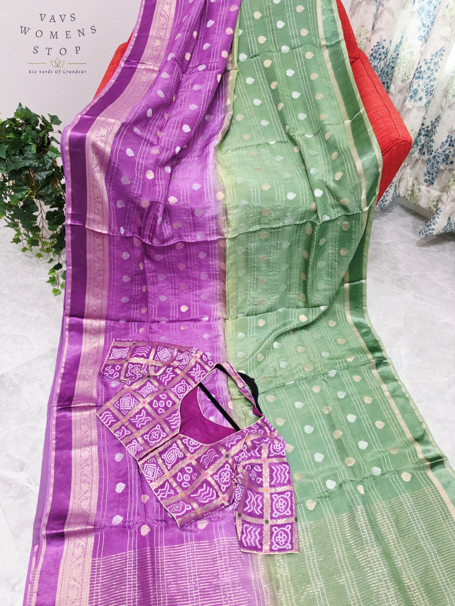 Royal Lavender Orchid & Sage Mint Shaded Soft Viscose Dola Crepe Silk Saree with Gharchola Bandhani Blouse