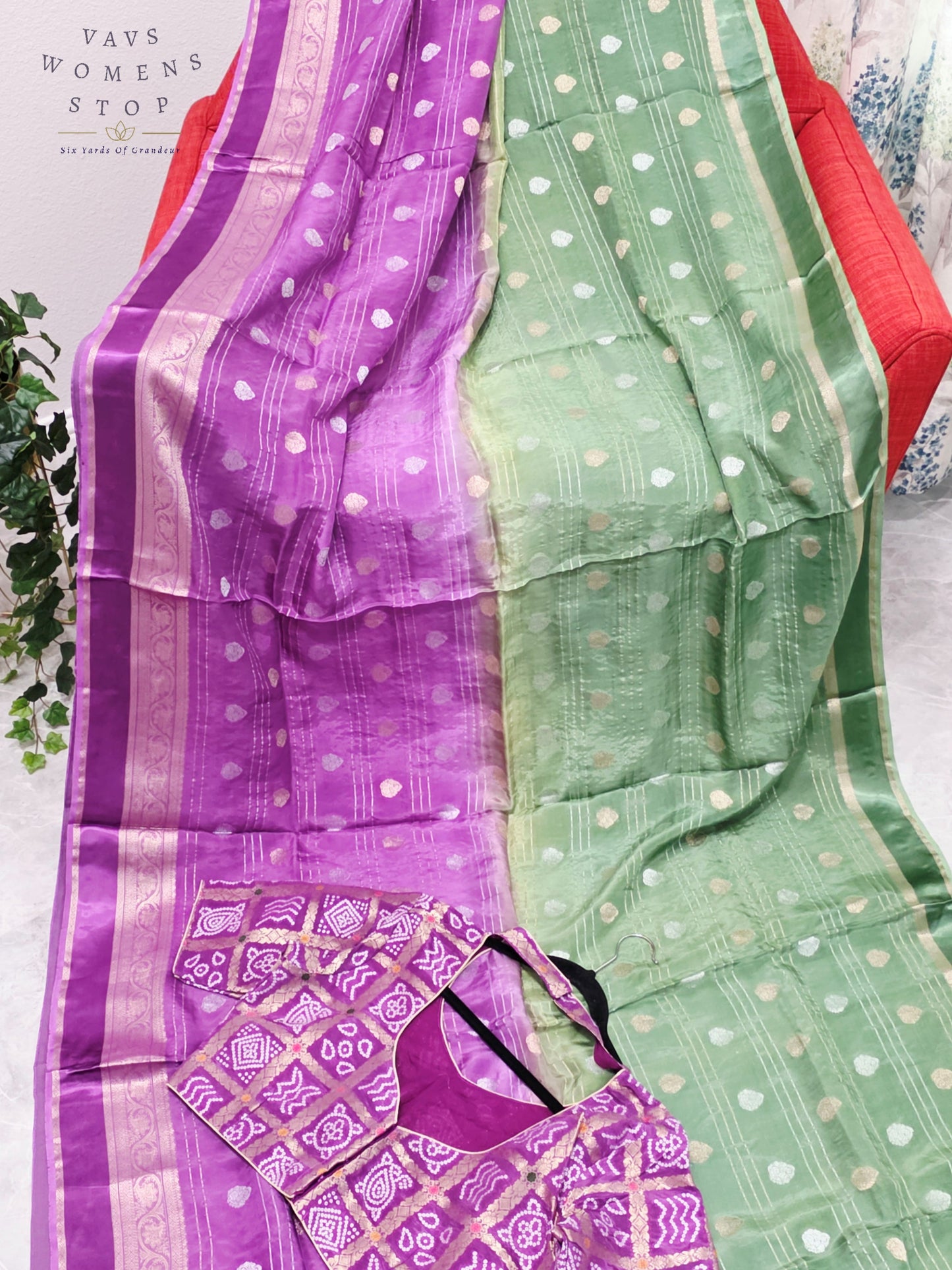 Royal Lavender Orchid & Sage Mint Shaded Soft Viscose Dola Crepe Silk Saree with Gharchola Bandhani Blouse