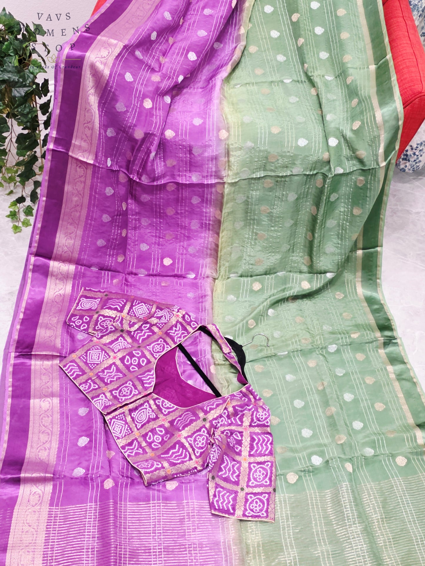 Royal Lavender Orchid & Sage Mint Shaded Soft Viscose Dola Crepe Silk Saree with Gharchola Bandhani Blouse