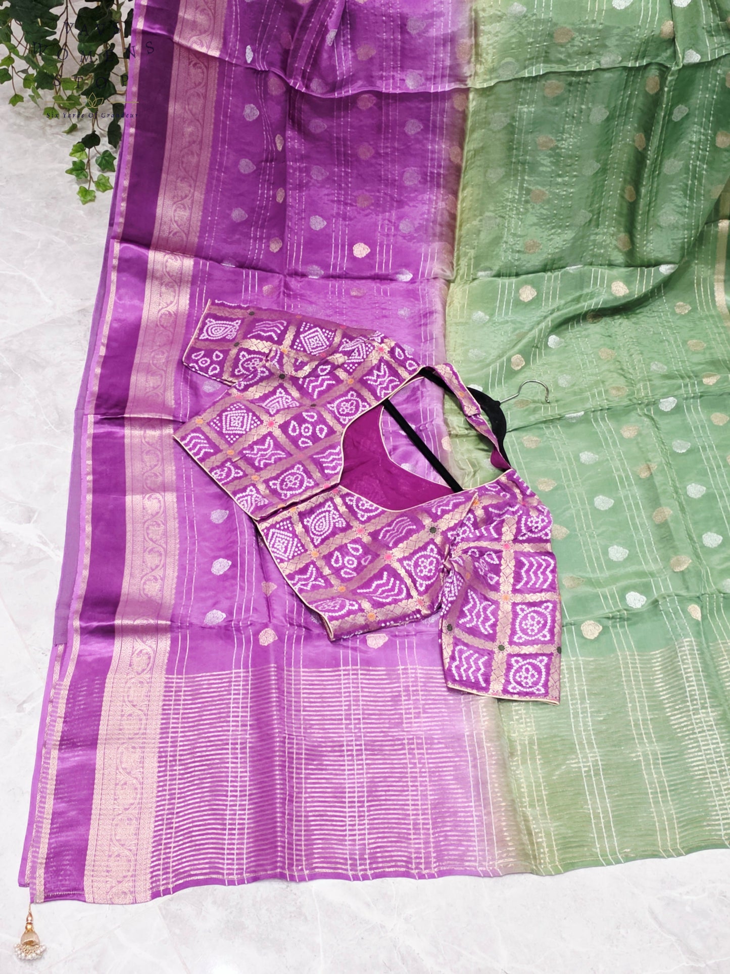 Royal Lavender Orchid & Sage Mint Shaded Soft Viscose Dola Crepe Silk Saree with Gharchola Bandhani Blouse