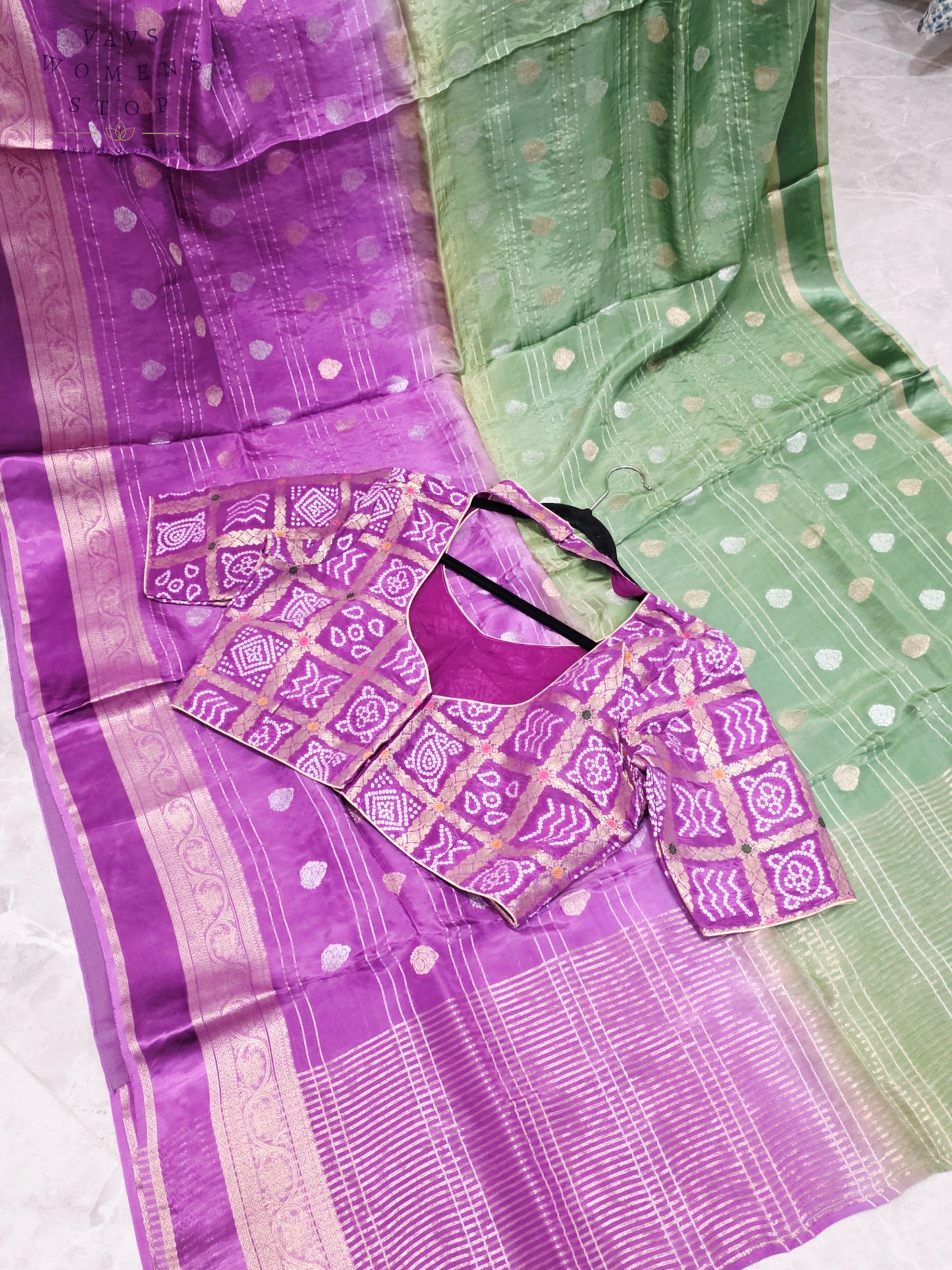 Royal Lavender Orchid & Sage Mint Shaded Soft Viscose Dola Crepe Silk Saree with Gharchola Bandhani Blouse