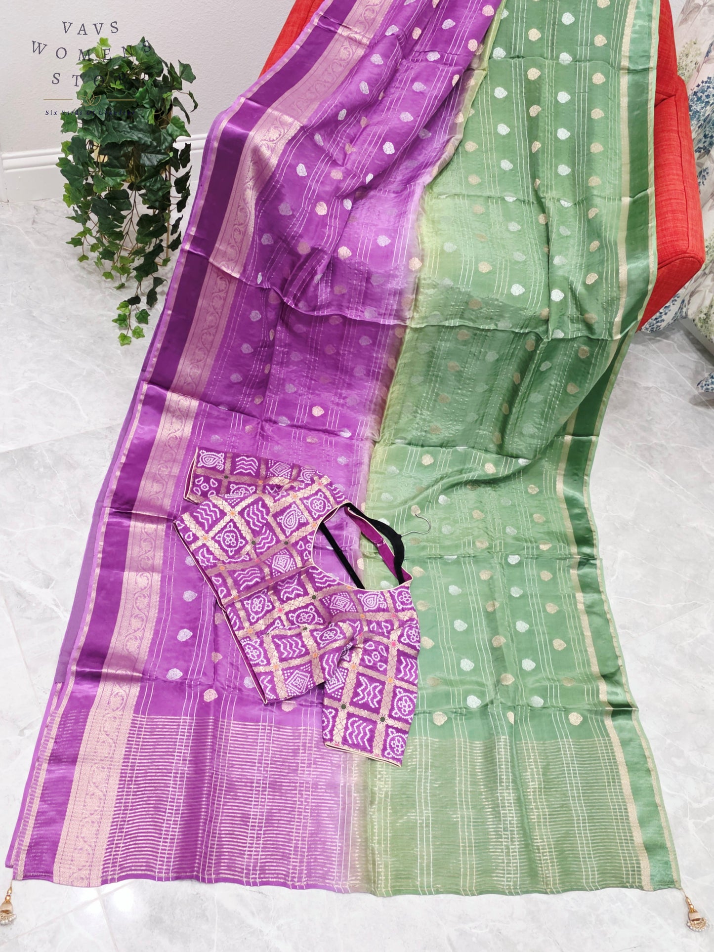 Royal Lavender Orchid & Sage Mint Shaded Soft Viscose Dola Crepe Silk Saree with Gharchola Bandhani Blouse