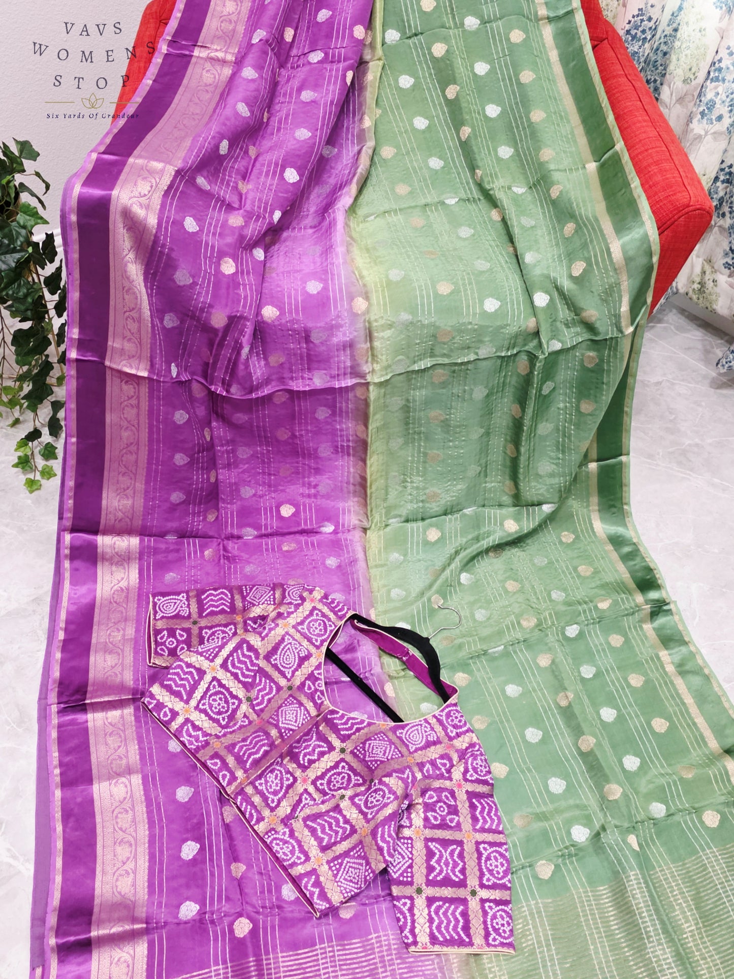Royal Lavender Orchid & Sage Mint Shaded Soft Viscose Dola Crepe Silk Saree with Gharchola Bandhani Blouse