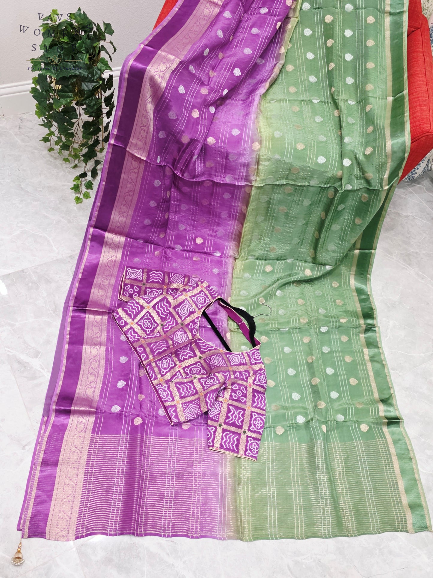 Royal Lavender Orchid & Sage Mint Shaded Soft Viscose Dola Crepe Silk Saree with Gharchola Bandhani Blouse