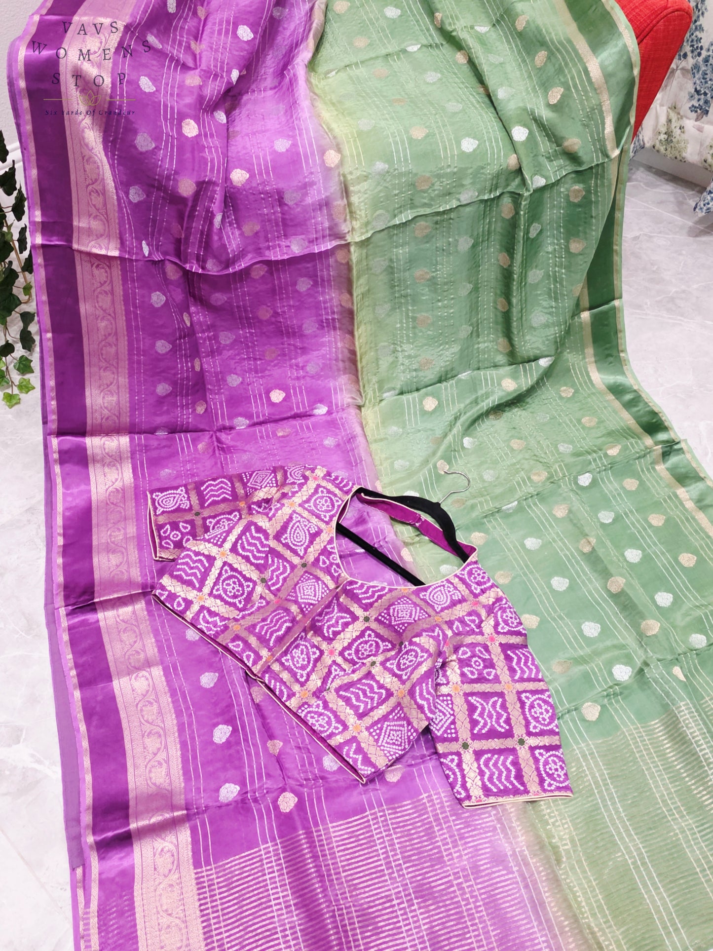 Royal Lavender Orchid & Sage Mint Shaded Soft Viscose Dola Crepe Silk Saree with Gharchola Bandhani Blouse