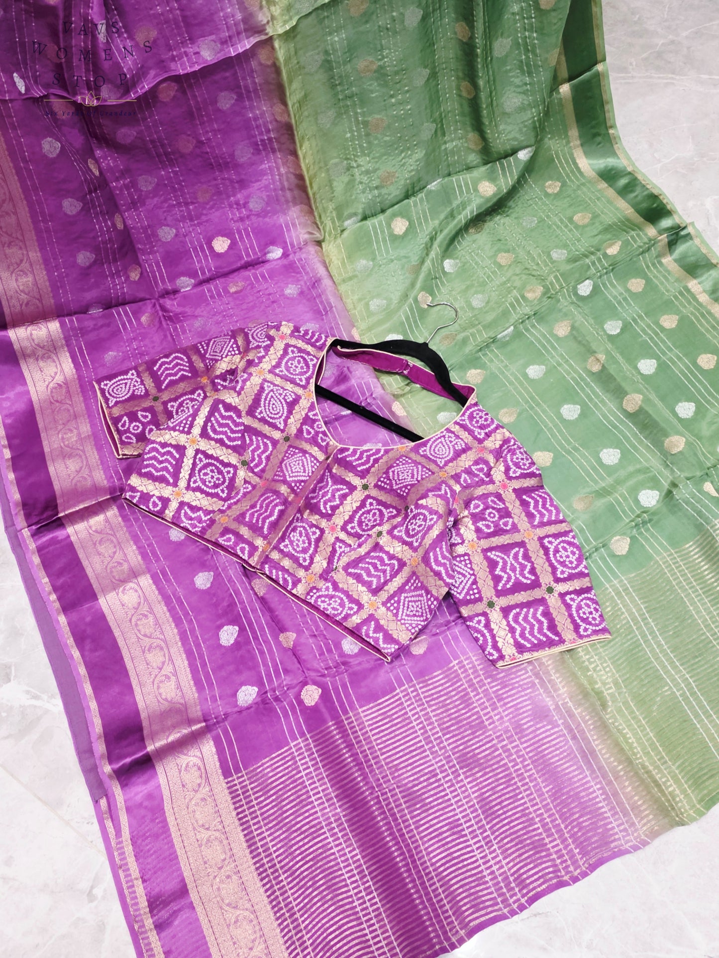 Royal Lavender Orchid & Sage Mint Shaded Soft Viscose Dola Crepe Silk Saree with Gharchola Bandhani Blouse