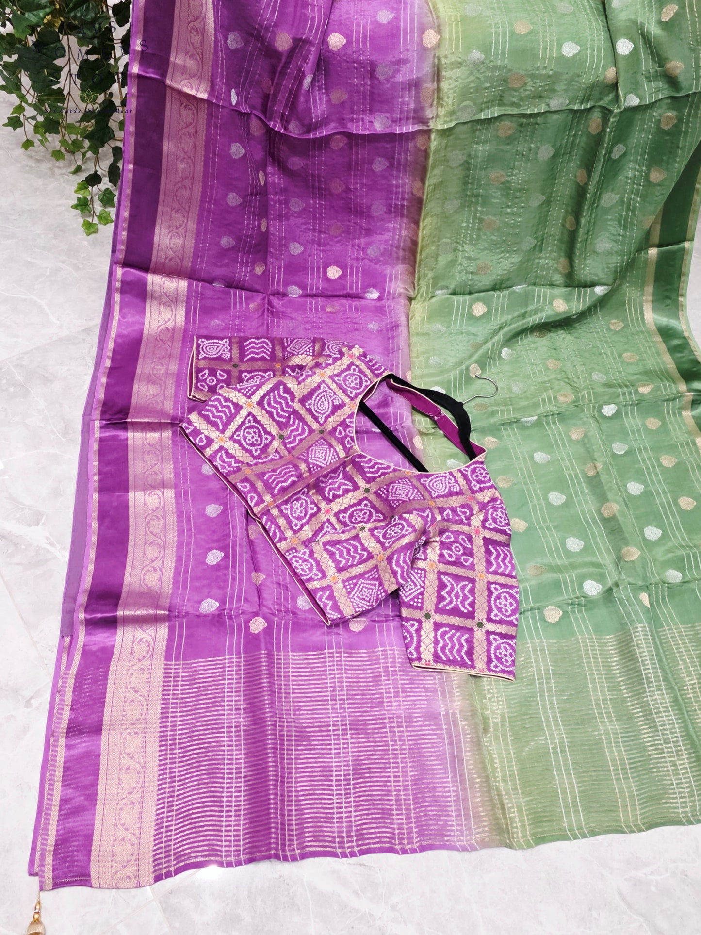 Royal Lavender Orchid & Sage Mint Shaded Soft Viscose Dola Crepe Silk Saree with Gharchola Bandhani Blouse
