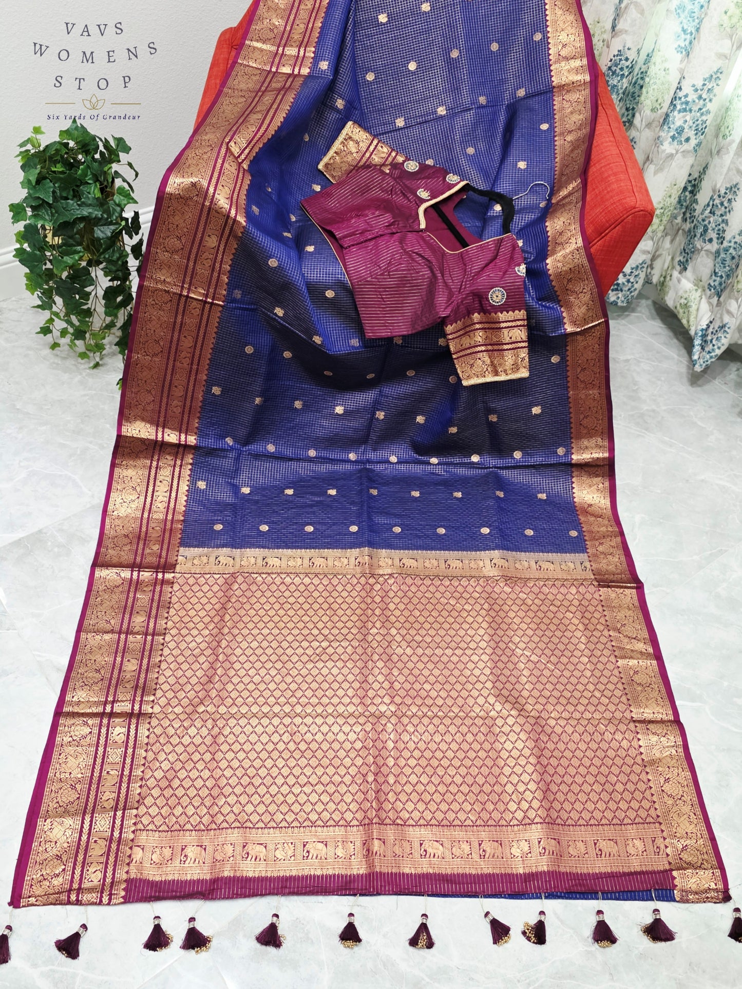 Royal Sapphire Blue & Mulberry Wine Pure Kanchipuram Soft Silk Checks Saree with Maggam Blouse Size 38-44