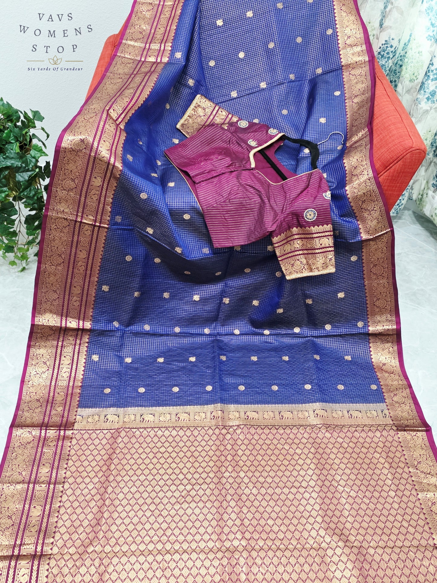 Royal Sapphire Blue & Mulberry Wine Pure Kanchipuram Soft Silk Checks Saree with Maggam Blouse Size 38-44