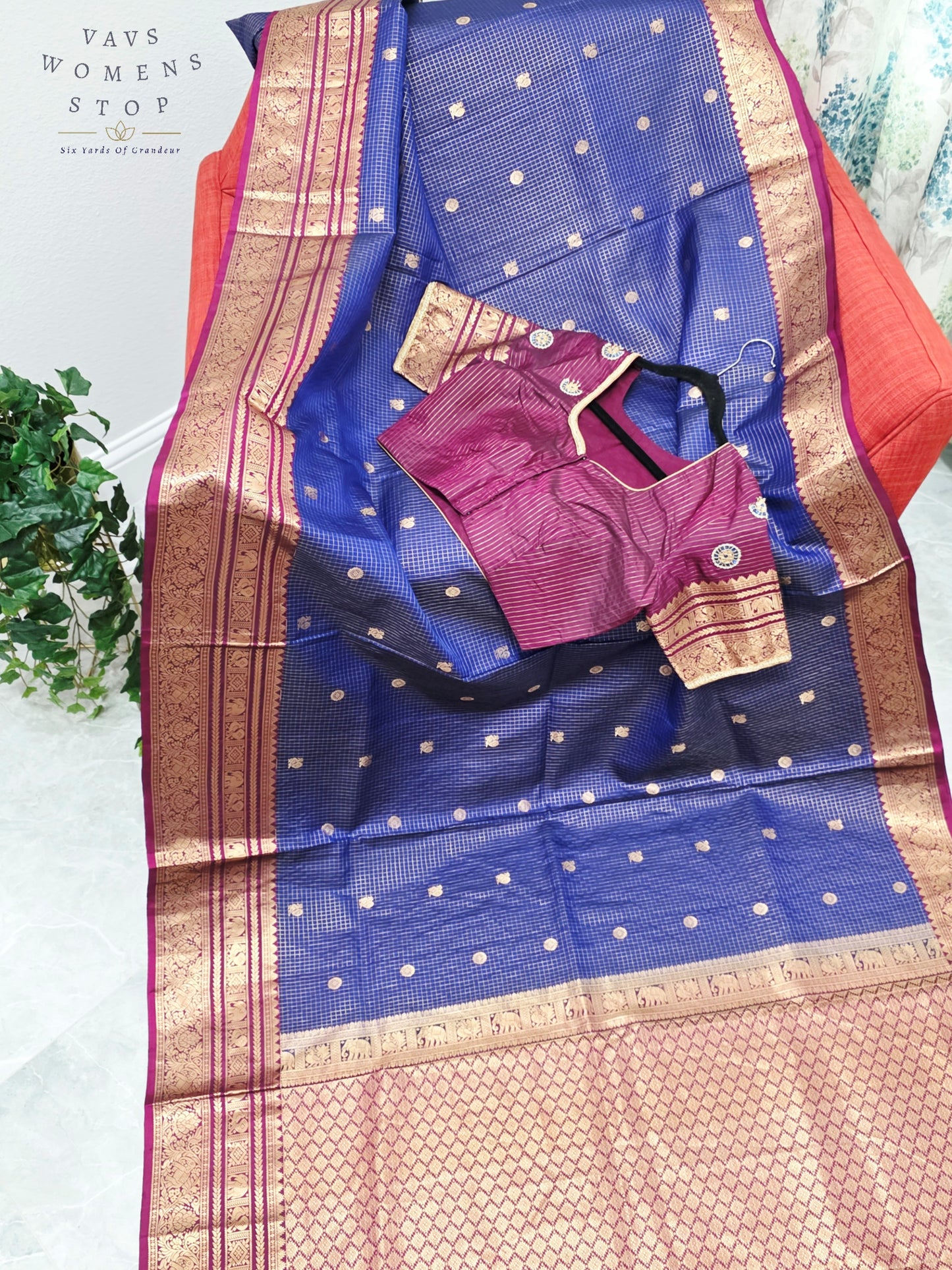 Royal Sapphire Blue & Mulberry Wine Pure Kanchipuram Soft Silk Checks Saree with Maggam Blouse Size 38-44
