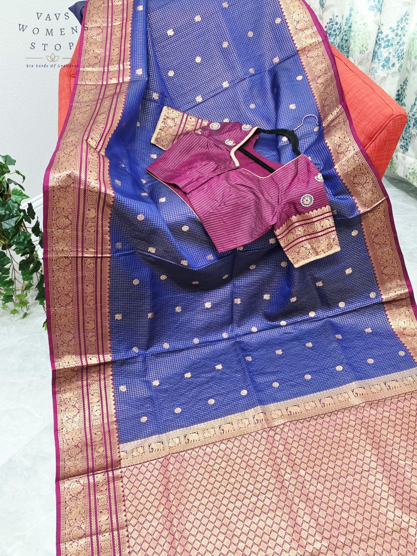 Royal Sapphire Blue & Mulberry Wine Pure Kanchipuram Soft Silk Checks Saree with Maggam Blouse Size 38-44