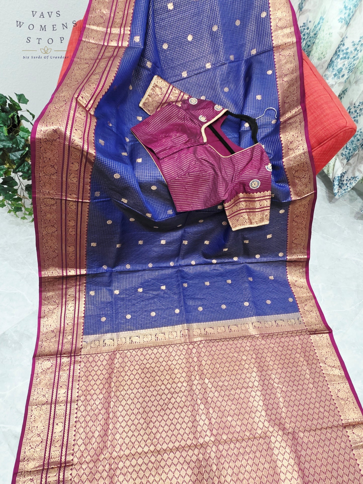 Royal Sapphire Blue & Mulberry Wine Pure Kanchipuram Soft Silk Checks Saree with Maggam Blouse Size 38-44