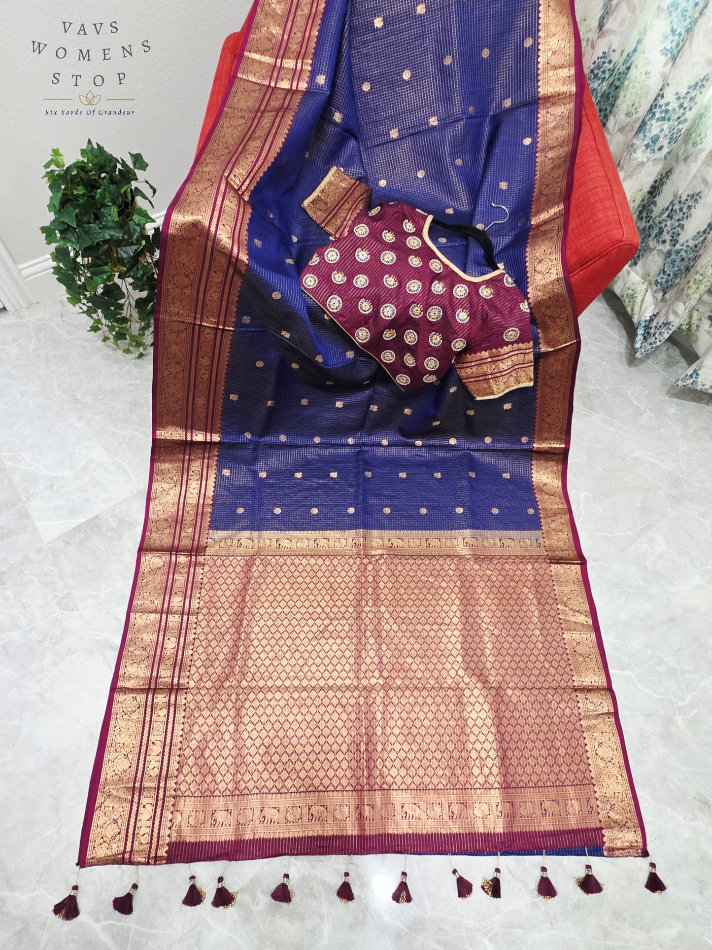 Royal Sapphire Blue & Mulberry Wine Pure Kanchipuram Soft Silk Checks Saree with Maggam Blouse Size 38-44