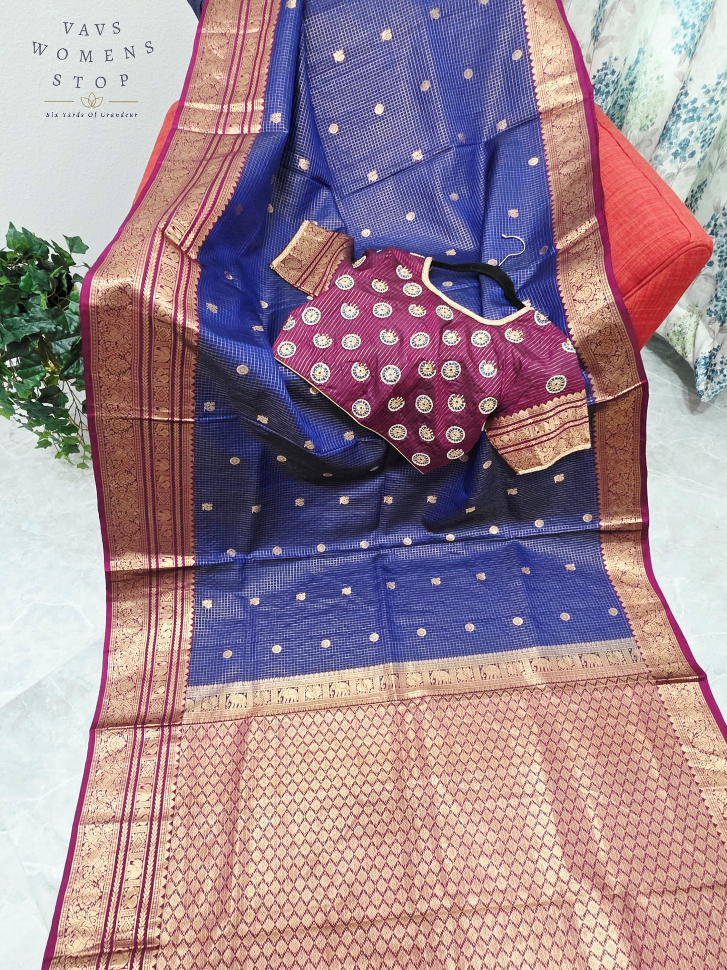 Royal Sapphire Blue & Mulberry Wine Pure Kanchipuram Soft Silk Checks Saree with Maggam Blouse Size 38-44