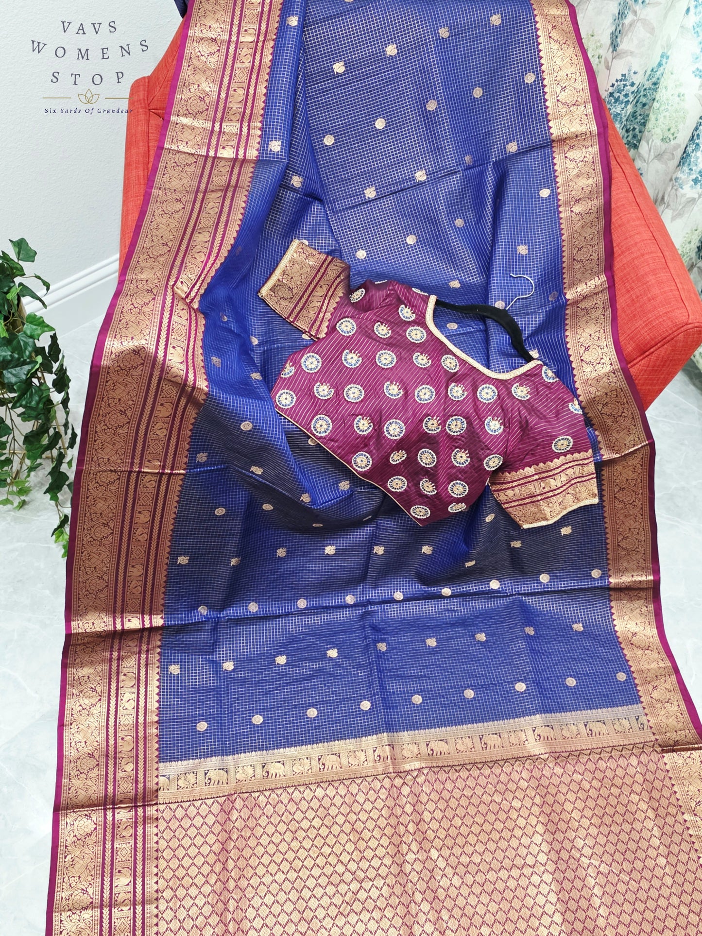 Royal Sapphire Blue & Mulberry Wine Pure Kanchipuram Soft Silk Checks Saree with Maggam Blouse Size 38-44