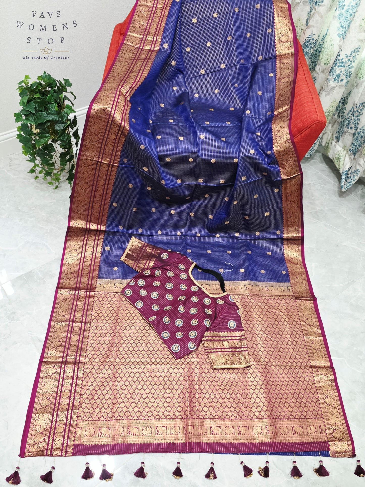 Royal Sapphire Blue & Mulberry Wine Pure Kanchipuram Soft Silk Checks Saree with Maggam Blouse Size 38-44