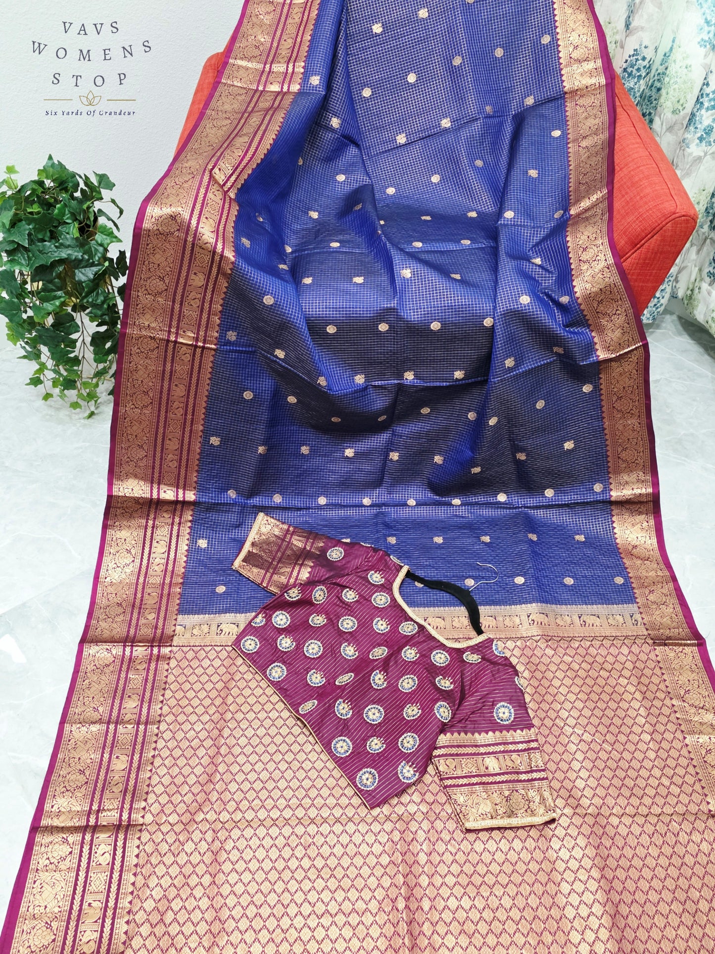 Royal Sapphire Blue & Mulberry Wine Pure Kanchipuram Soft Silk Checks Saree with Maggam Blouse Size 38-44
