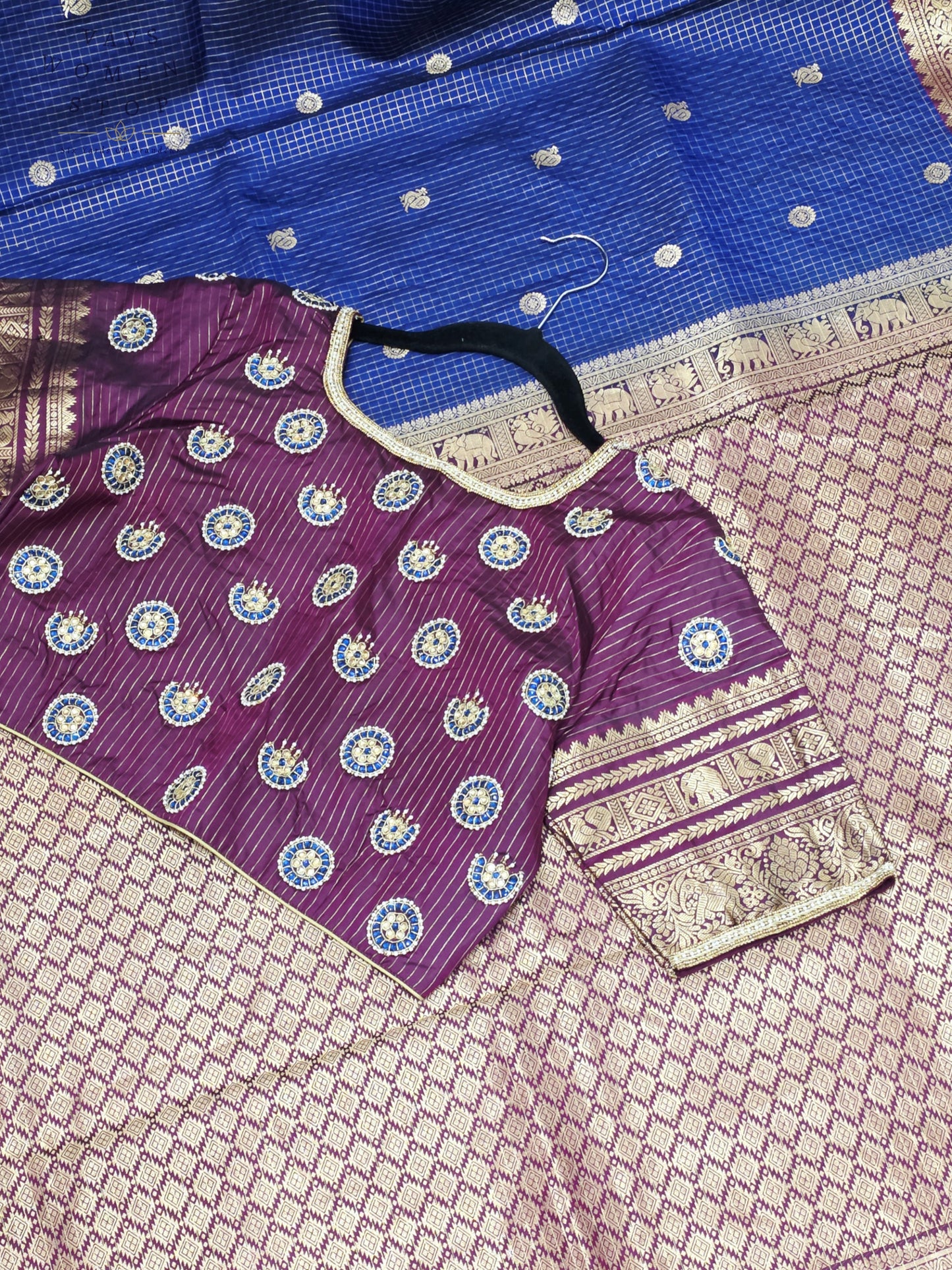 Royal Sapphire Blue & Mulberry Wine Pure Kanchipuram Soft Silk Checks Saree with Maggam Blouse Size 38-44