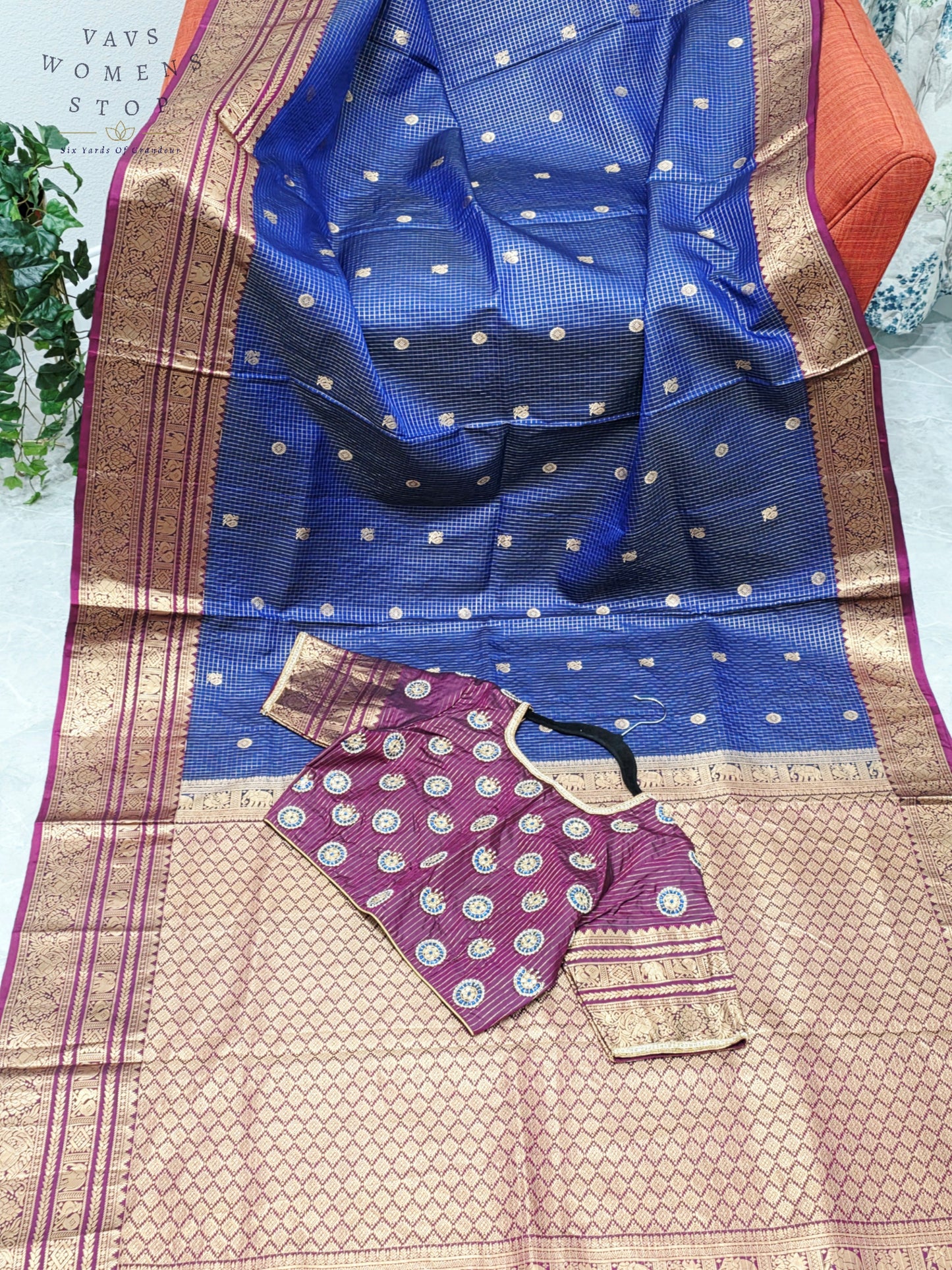 Royal Sapphire Blue & Mulberry Wine Pure Kanchipuram Soft Silk Checks Saree with Maggam Blouse Size 38-44
