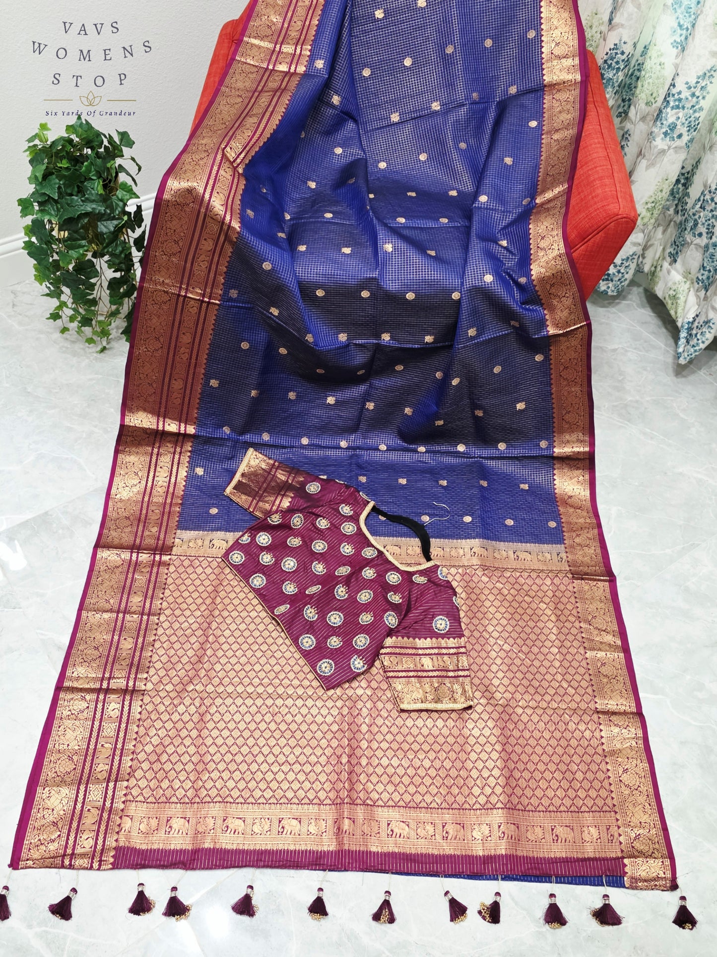 Royal Sapphire Blue & Mulberry Wine Pure Kanchipuram Soft Silk Checks Saree with Maggam Blouse Size 38-44