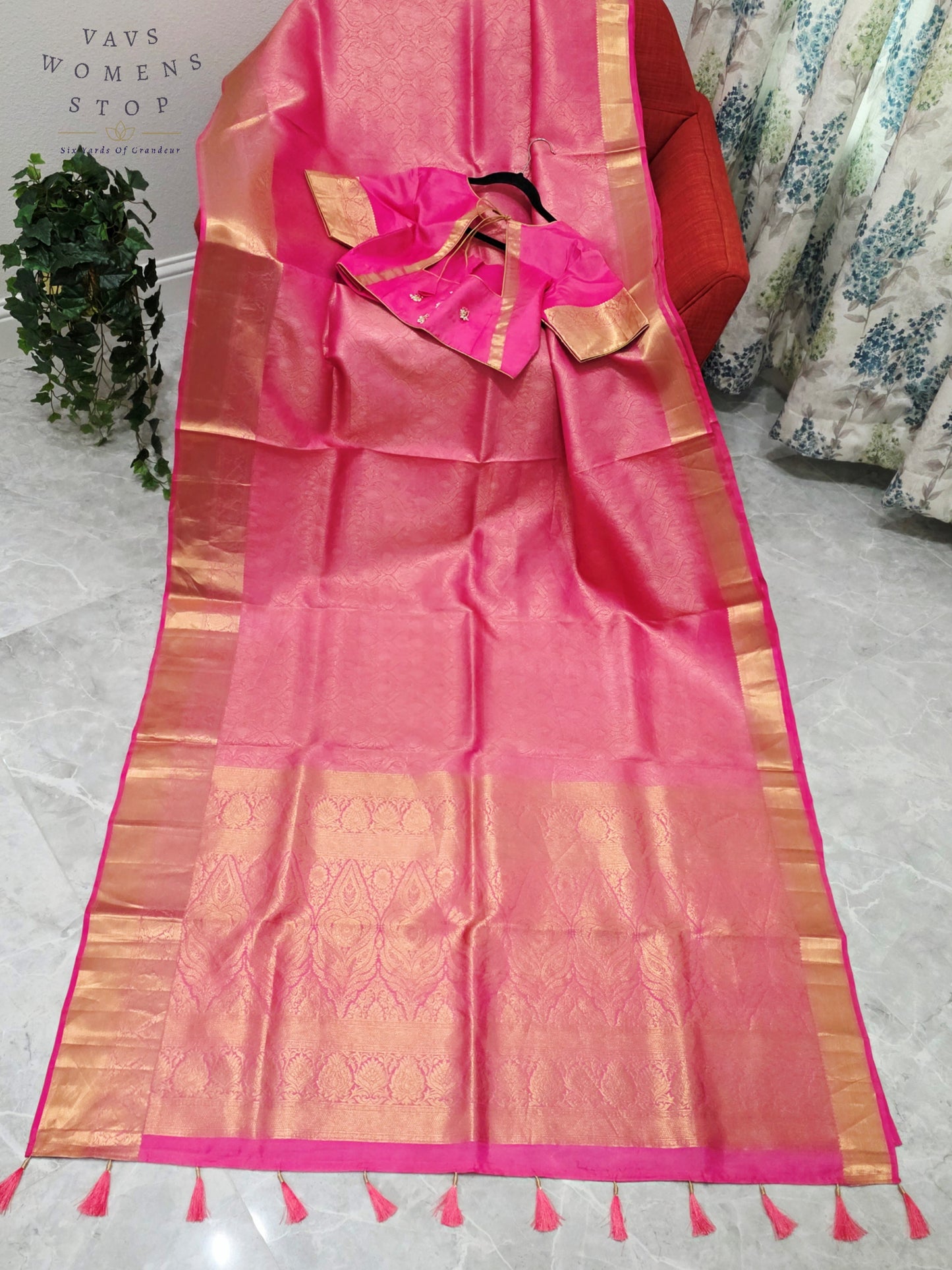 Luxury Royal Blush Pink Pure Kanchi Handloom Double Warp Soft Silk Saree with Antique Gold Zari Border & Stitched Blouse Size 38-44