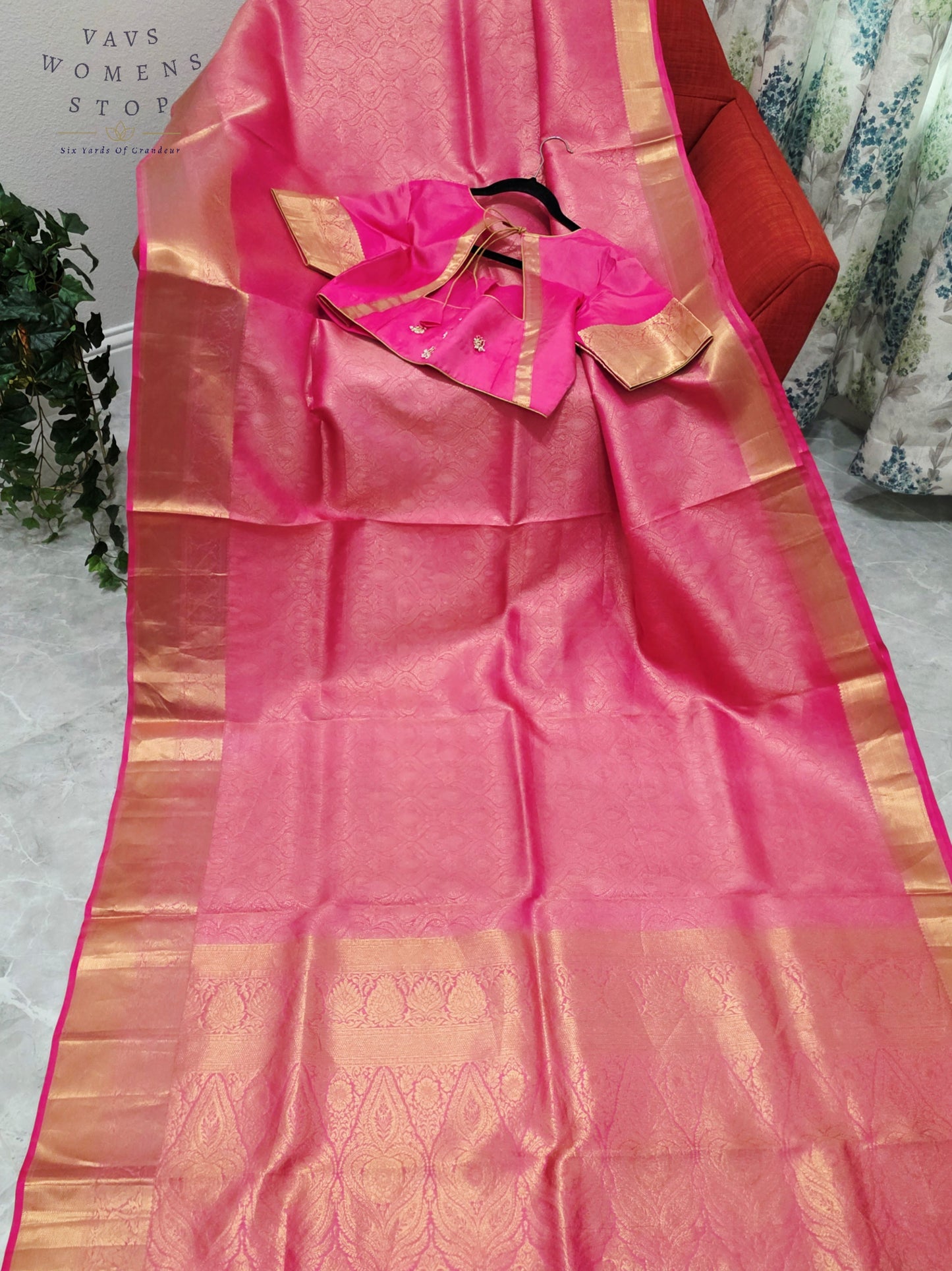 Luxury Royal Blush Pink Pure Kanchi Handloom Double Warp Soft Silk Saree with Antique Gold Zari Border & Stitched Blouse Size 38-44