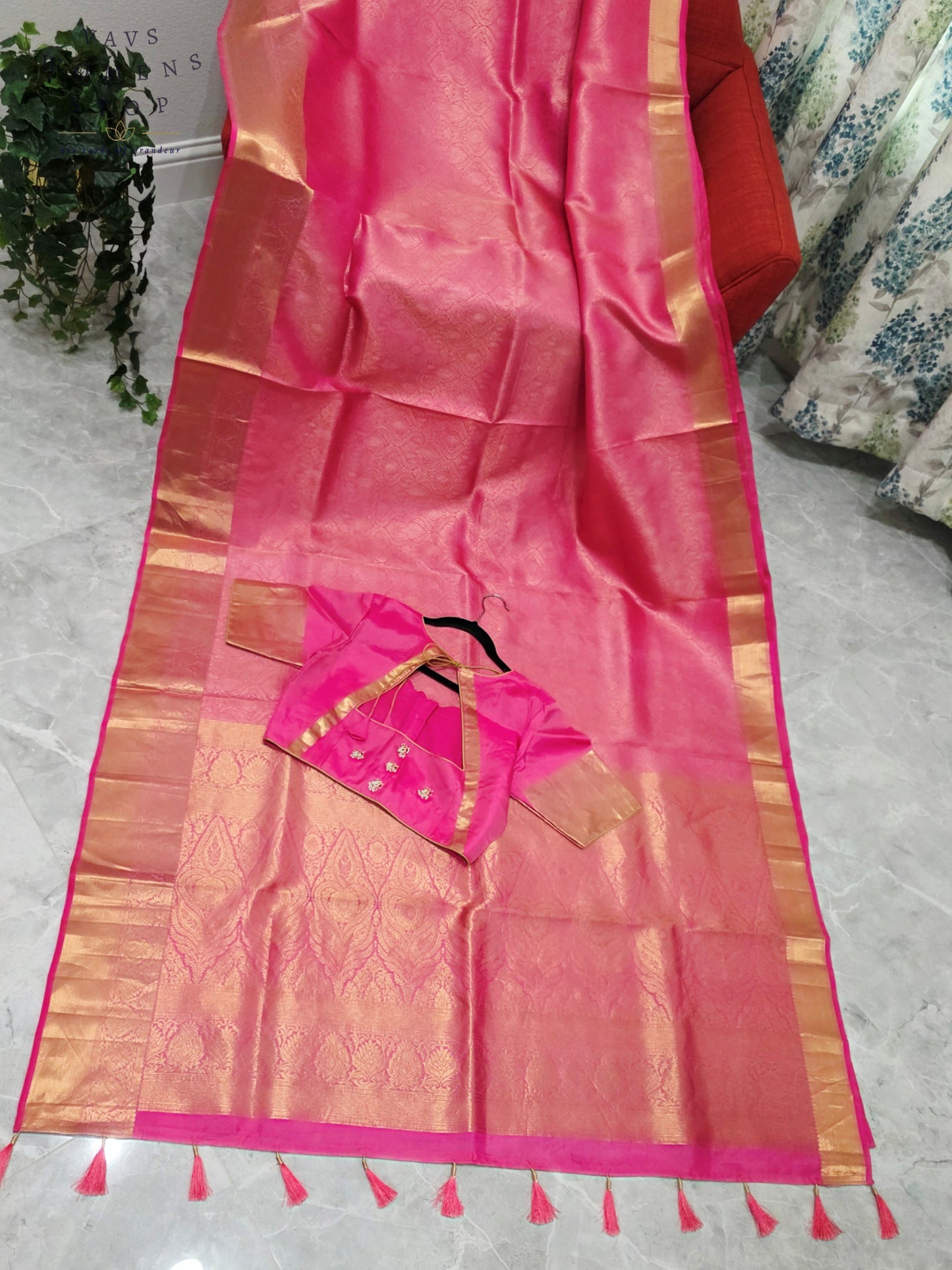 Luxury Royal Blush Pink Pure Kanchi Handloom Double Warp Soft Silk Saree with Antique Gold Zari Border & Stitched Blouse Size 38-44