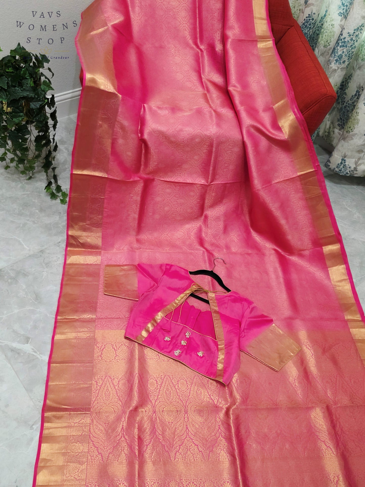 Luxury Royal Blush Pink Pure Kanchi Handloom Double Warp Soft Silk Saree with Antique Gold Zari Border & Stitched Blouse Size 38-44