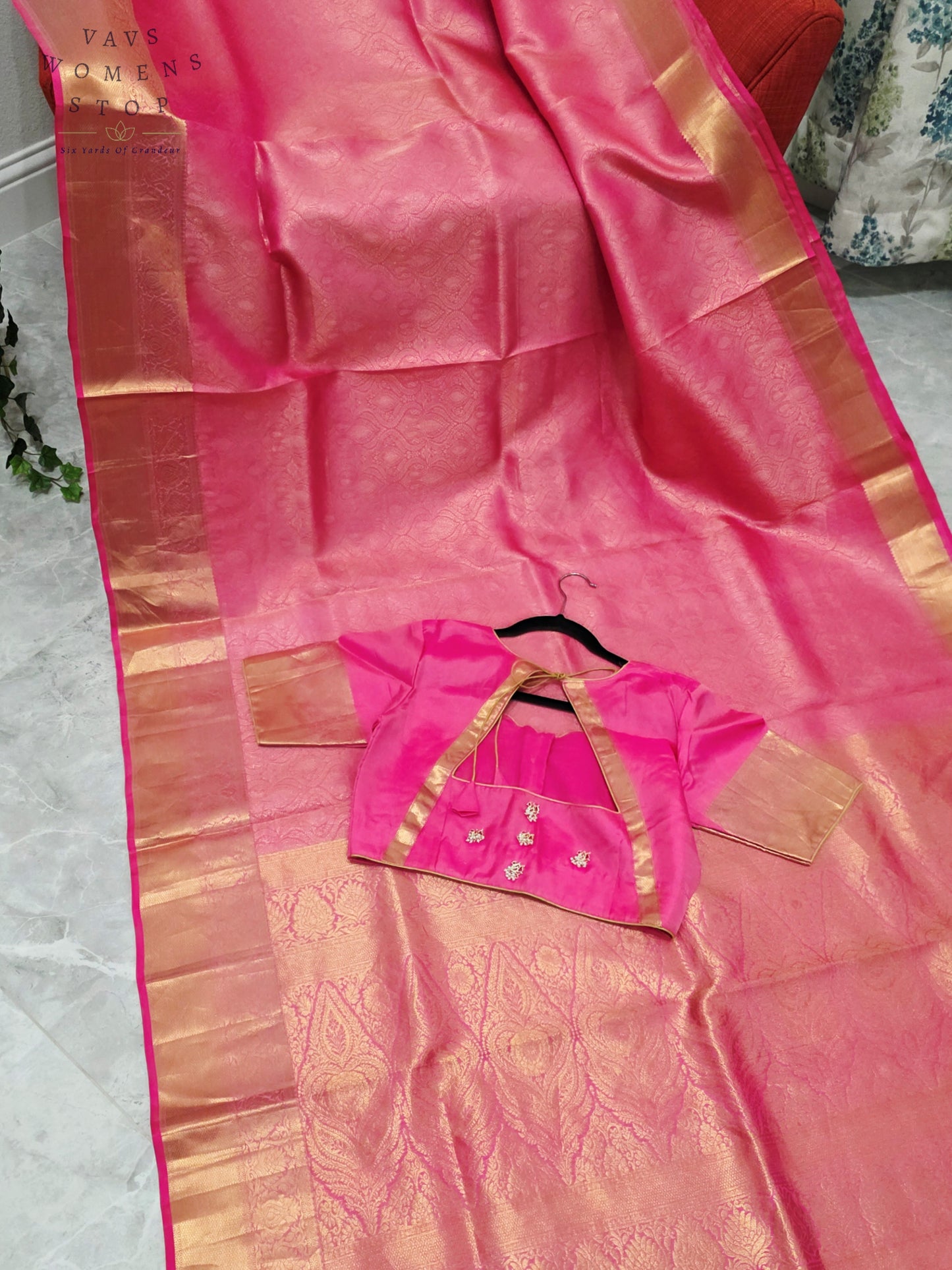 Luxury Royal Blush Pink Pure Kanchi Handloom Double Warp Soft Silk Saree with Antique Gold Zari Border & Stitched Blouse Size 38-44