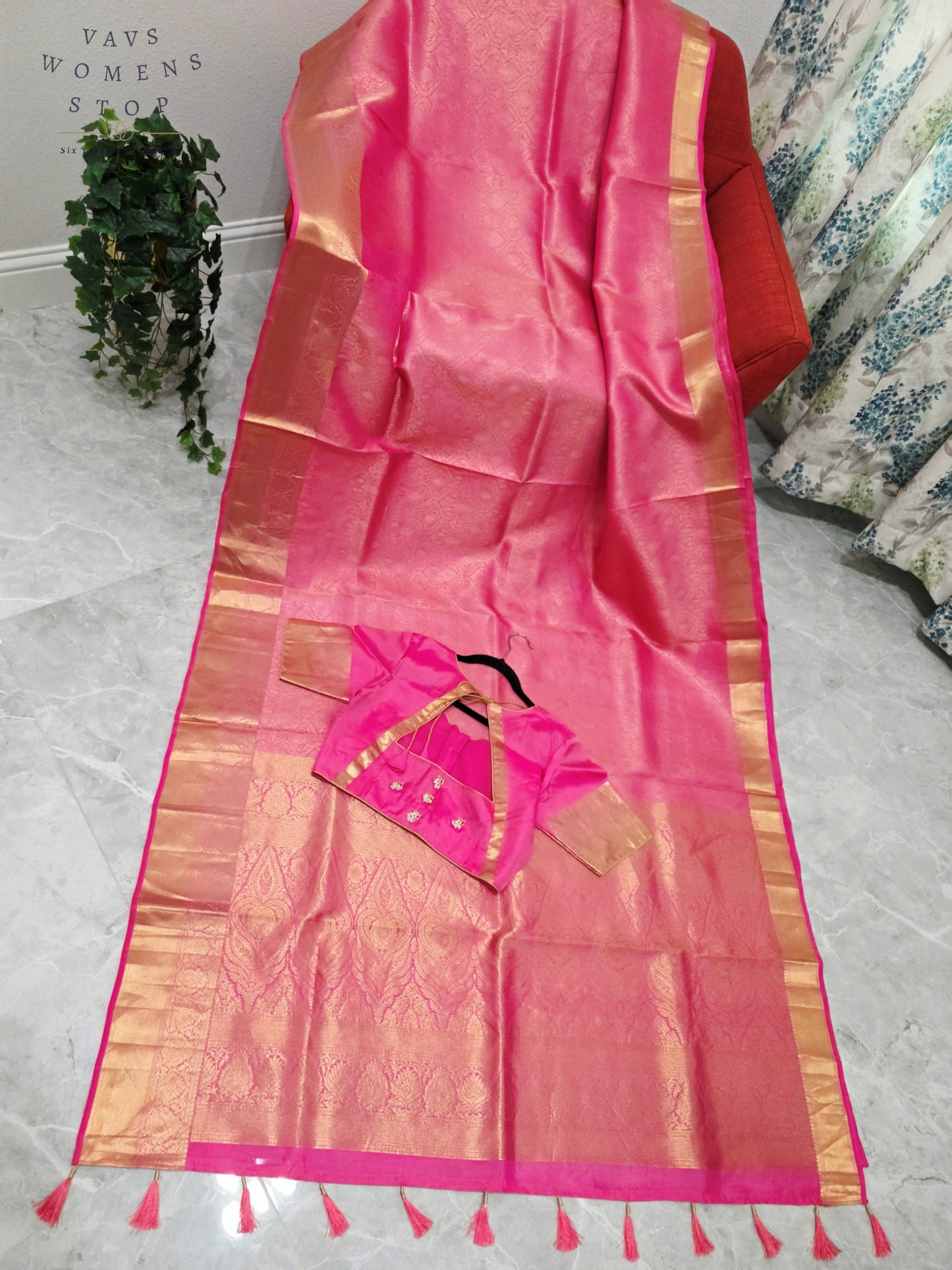 Luxury Royal Blush Pink Pure Kanchi Handloom Double Warp Soft Silk Saree with Antique Gold Zari Border & Stitched Blouse Size 38-44
