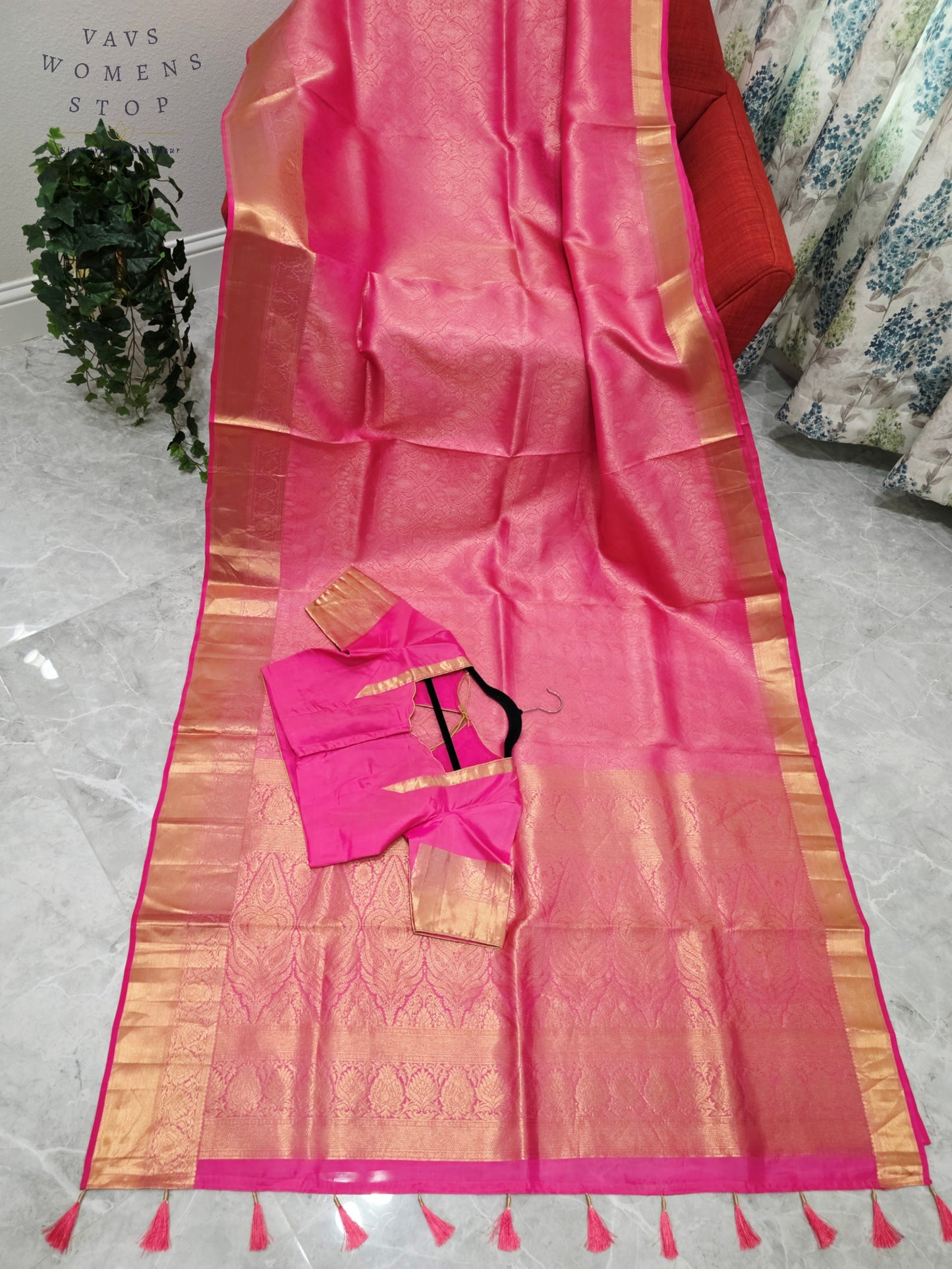 Luxury Royal Blush Pink Pure Kanchi Handloom Double Warp Soft Silk Saree with Antique Gold Zari Border & Stitched Blouse Size 38-44