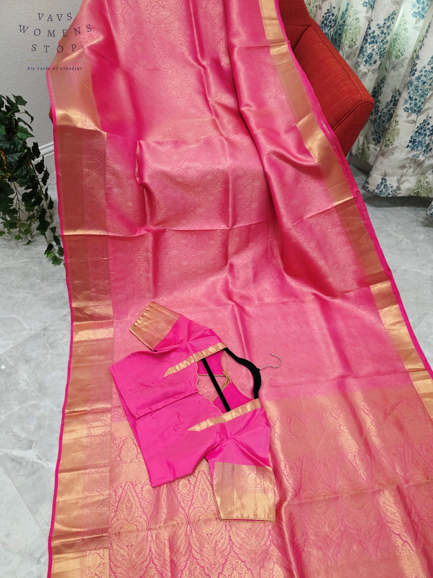 Luxury Royal Blush Pink Pure Kanchi Handloom Double Warp Soft Silk Saree with Antique Gold Zari Border & Stitched Blouse Size 38-44