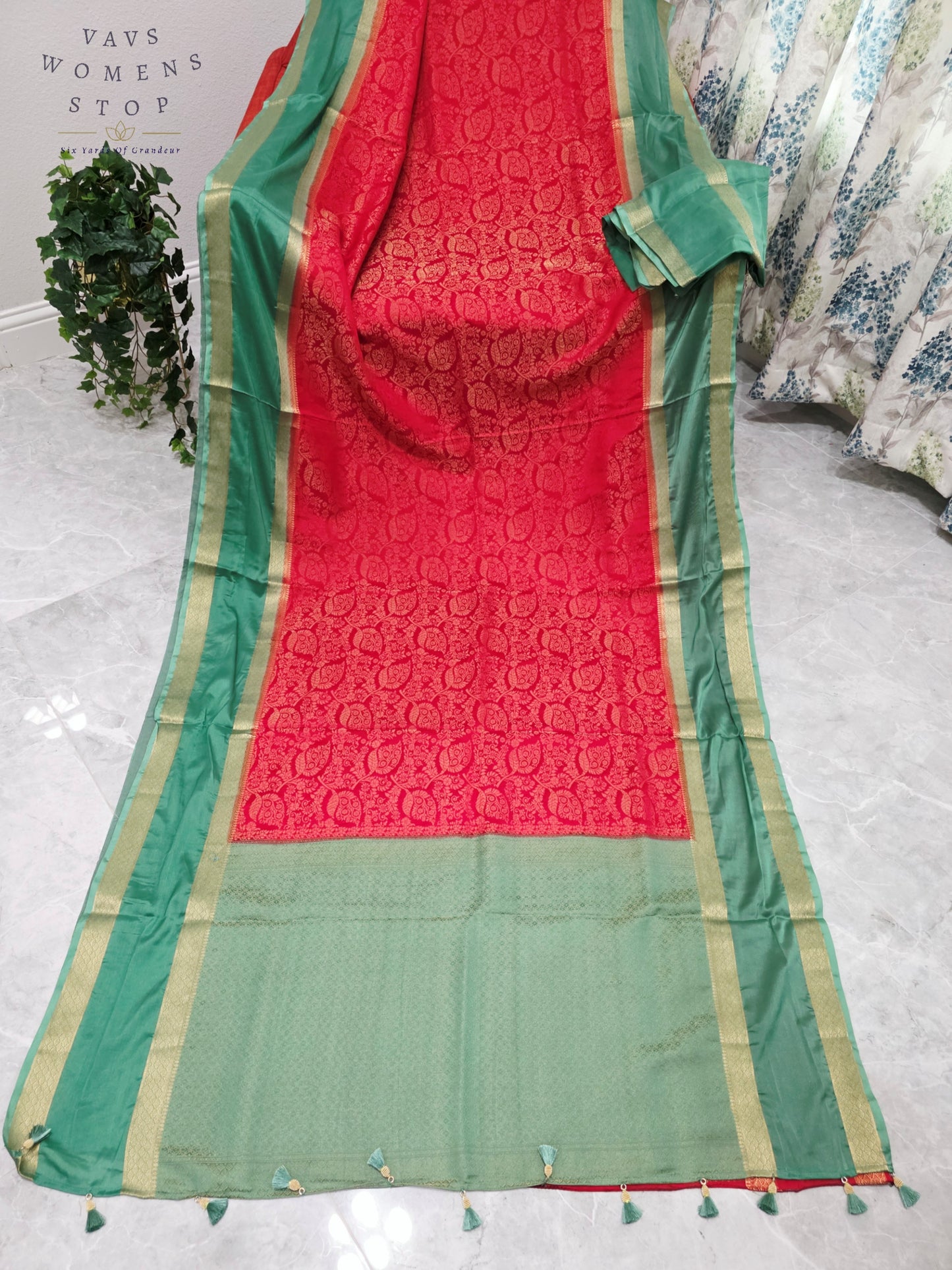 Royal Vermilion Red & Mint Sage Green Semi Mysore Crepe Silk Saree with Gold Zari Border