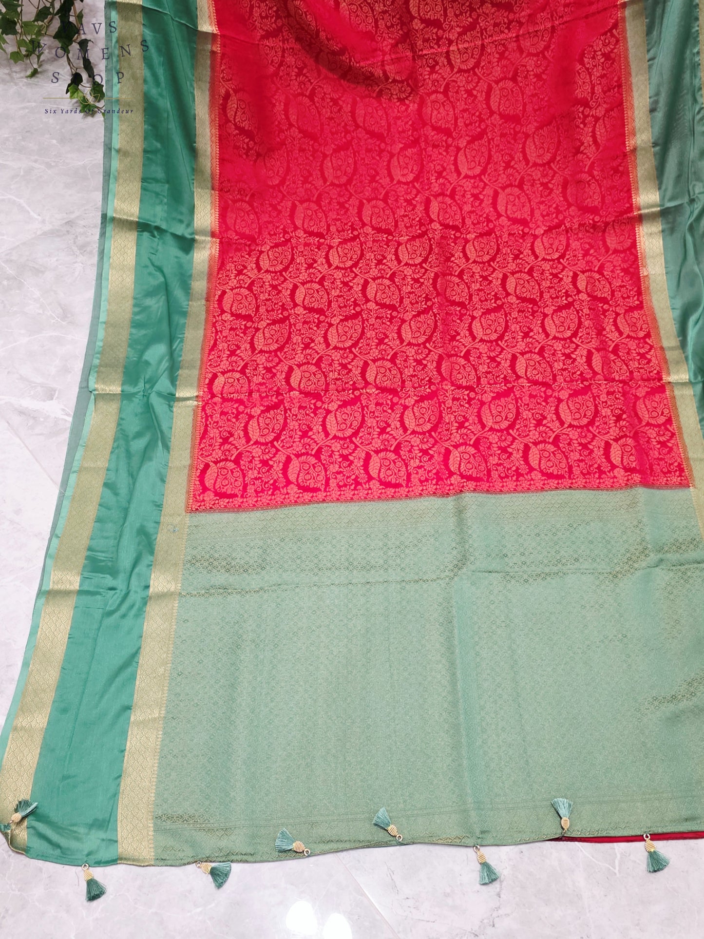Royal Vermilion Red & Mint Sage Green Semi Mysore Crepe Silk Saree with Gold Zari Border