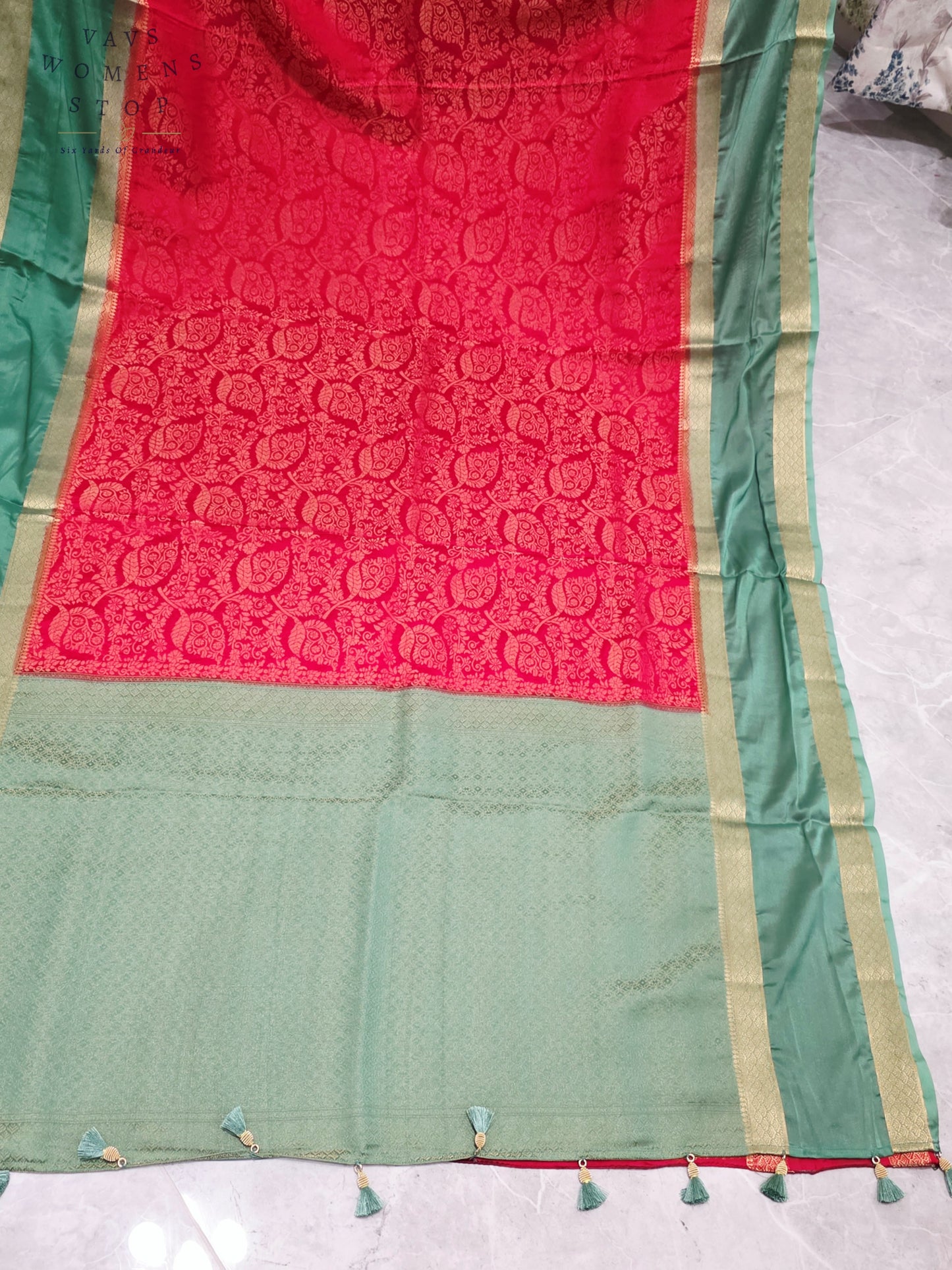 Royal Vermilion Red & Mint Sage Green Semi Mysore Crepe Silk Saree with Gold Zari Border