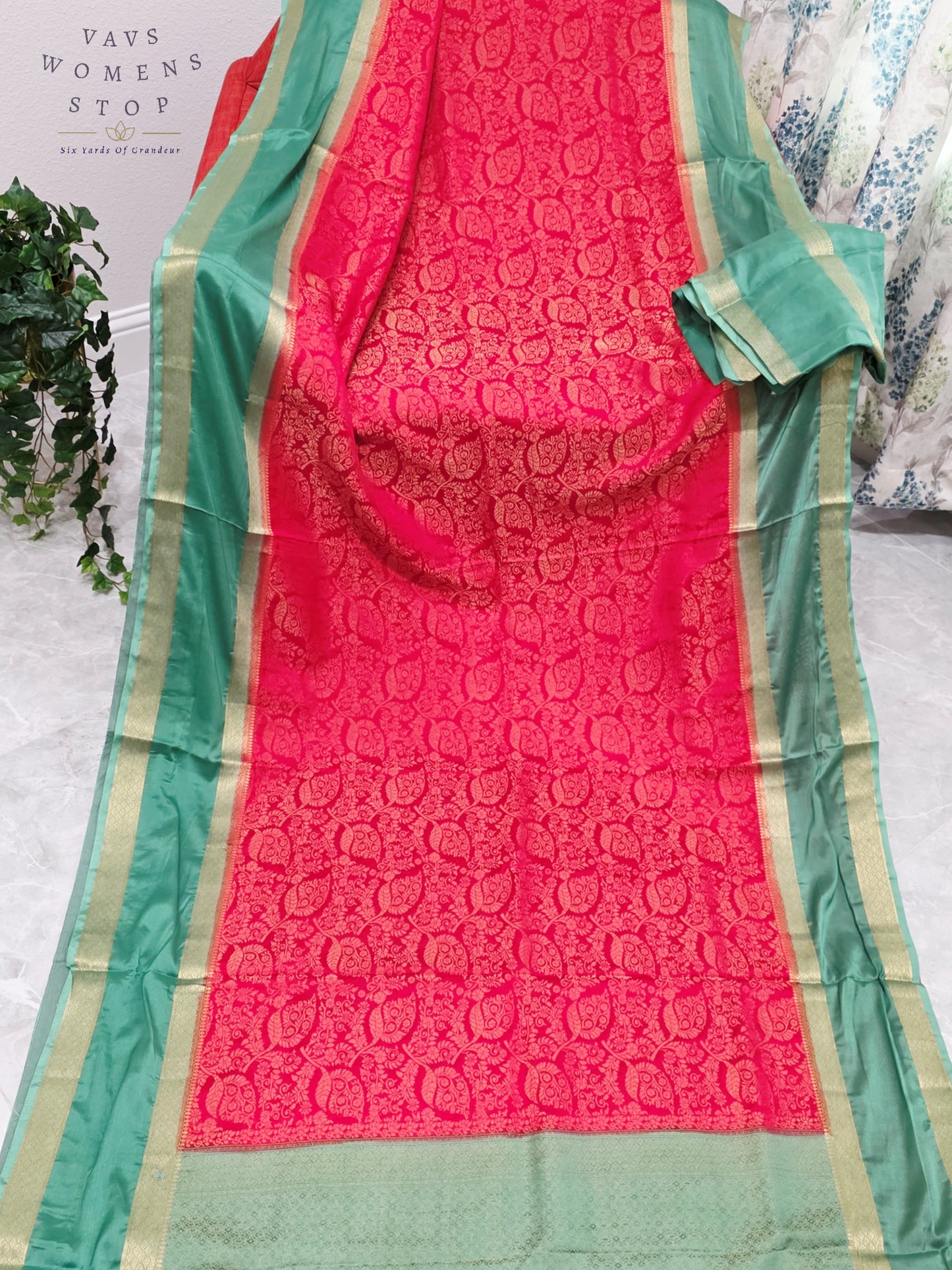 Royal Vermilion Red & Mint Sage Green Semi Mysore Crepe Silk Saree with Gold Zari Border
