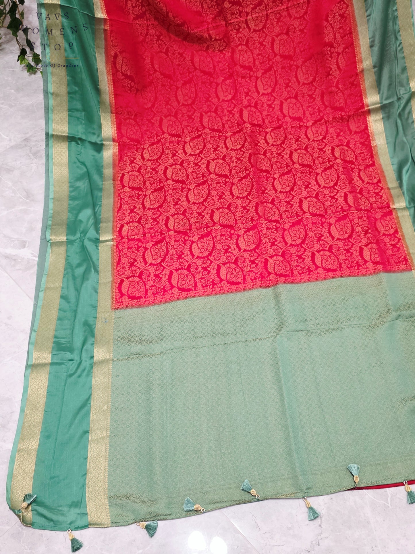 Royal Vermilion Red & Mint Sage Green Semi Mysore Crepe Silk Saree with Gold Zari Border