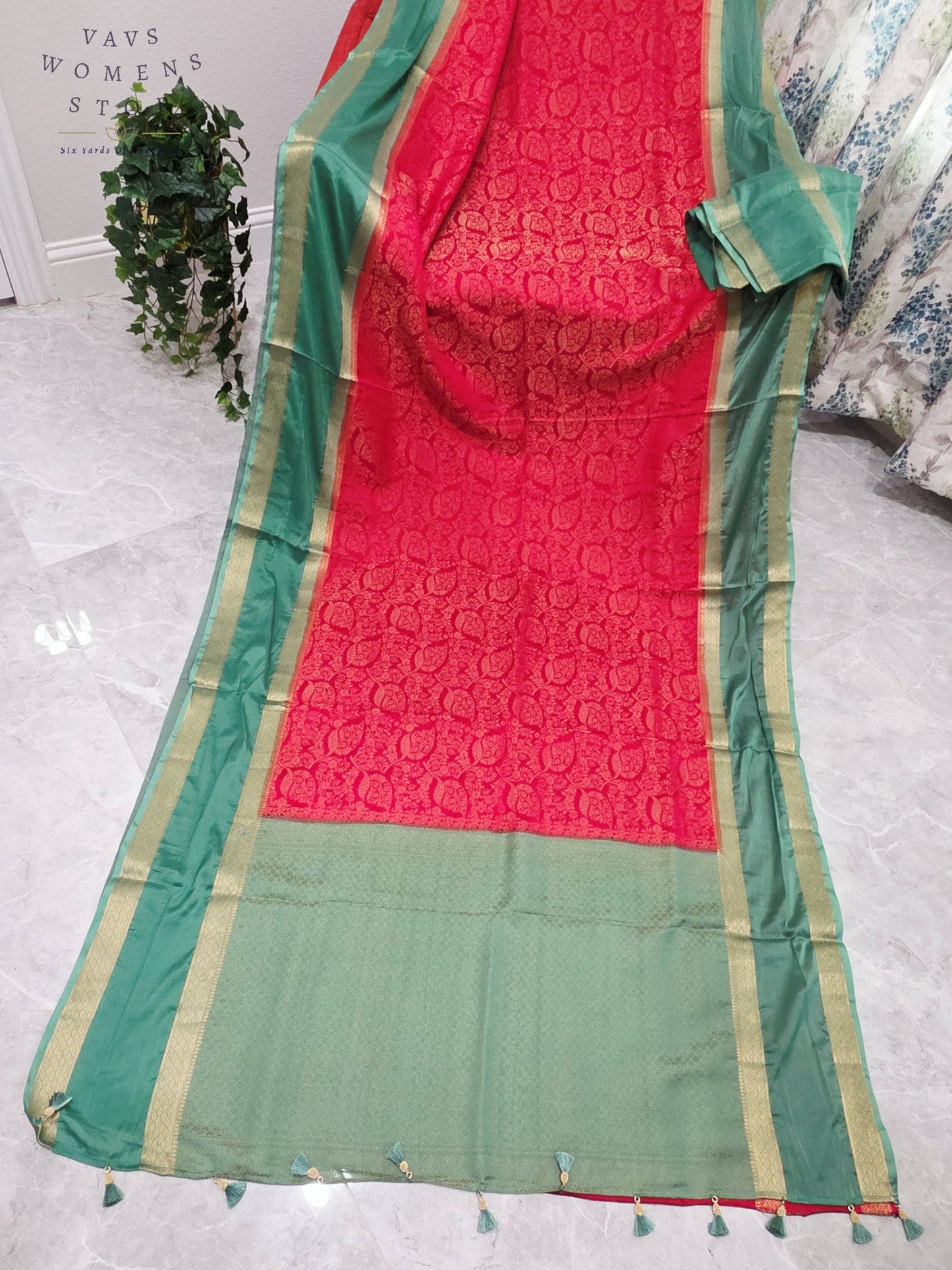Royal Vermilion Red & Mint Sage Green Semi Mysore Crepe Silk Saree with Gold Zari Border