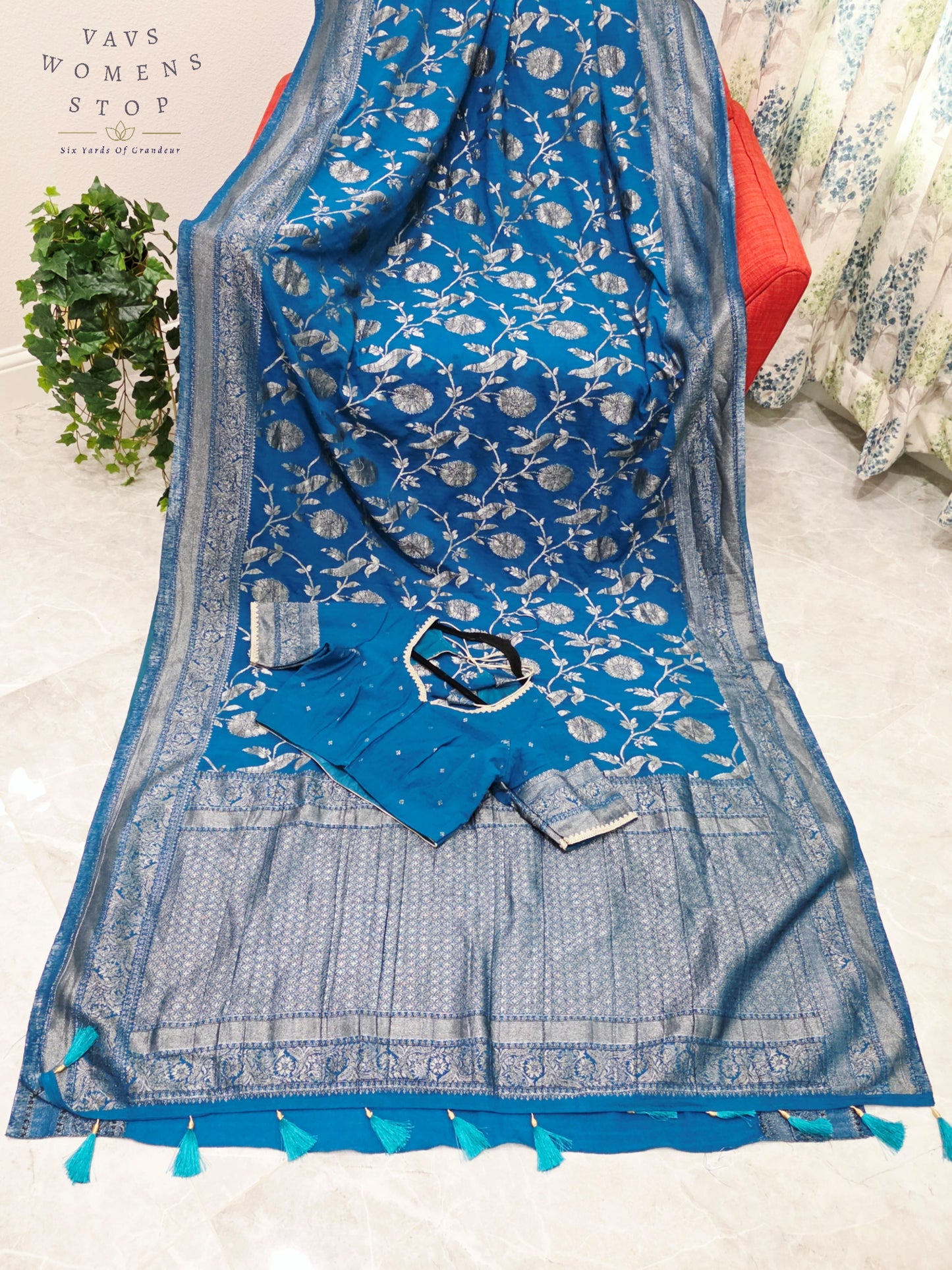 Royal Peacock Blue Semi Tussar Georgette Saree with Silver Meenakari Weave & Stitched Blouse Size 38-44