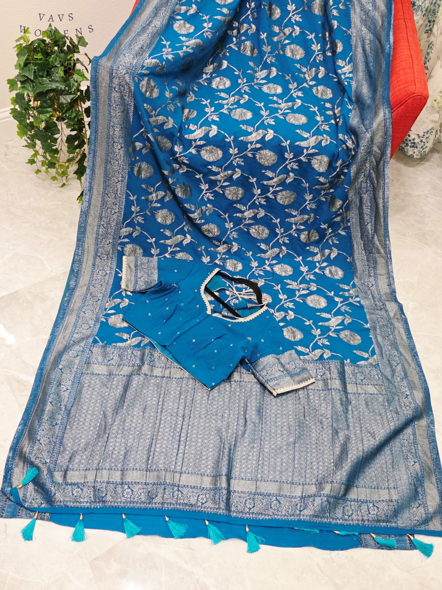 Royal Peacock Blue Semi Tussar Georgette Saree with Silver Meenakari Weave & Stitched Blouse Size 38-44