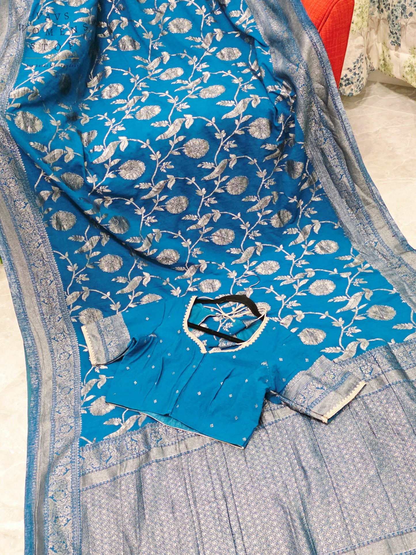 Royal Peacock Blue Semi Tussar Georgette Saree with Silver Meenakari Weave & Stitched Blouse Size 38-44