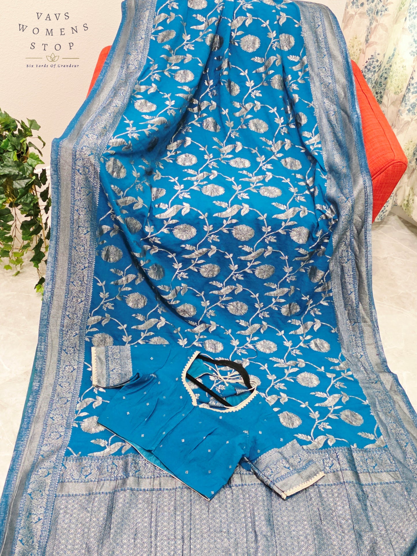 Royal Peacock Blue Semi Tussar Georgette Saree with Silver Meenakari Weave & Stitched Blouse Size 38-44