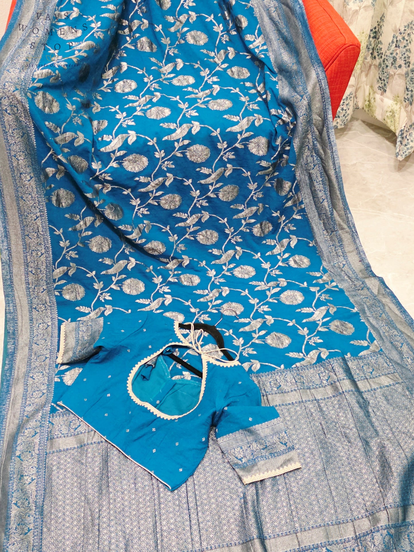 Royal Peacock Blue Semi Tussar Georgette Saree with Silver Meenakari Weave & Stitched Blouse Size 38-44