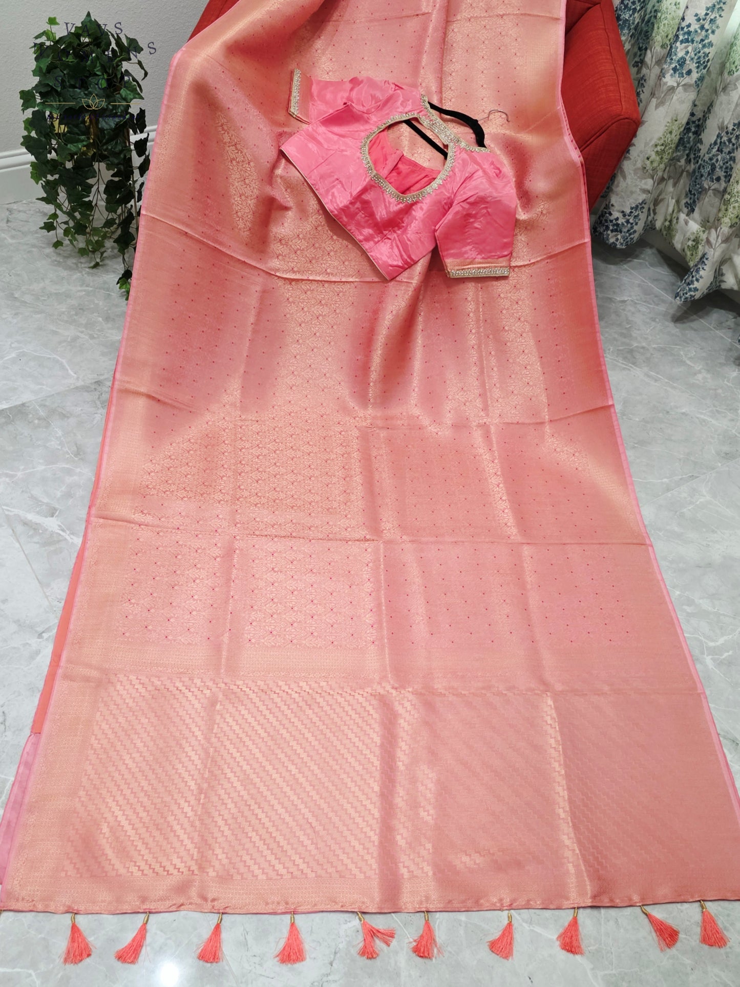 Royal Blush Coral Pink HO Crepe Silk Saree with Designer Stitched Blouse