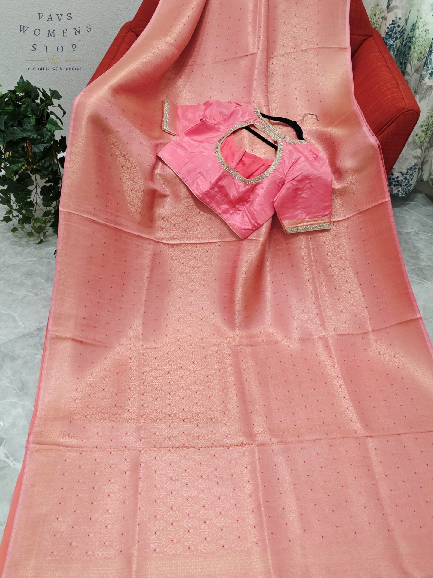 Royal Blush Coral Pink HO Crepe Silk Saree with Designer Stitched Blouse