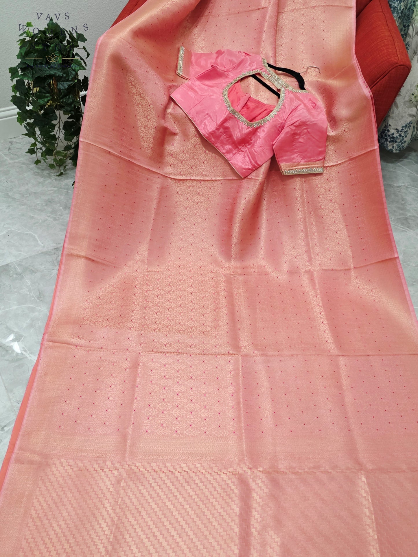 Royal Blush Coral Pink HO Crepe Silk Saree with Designer Stitched Blouse