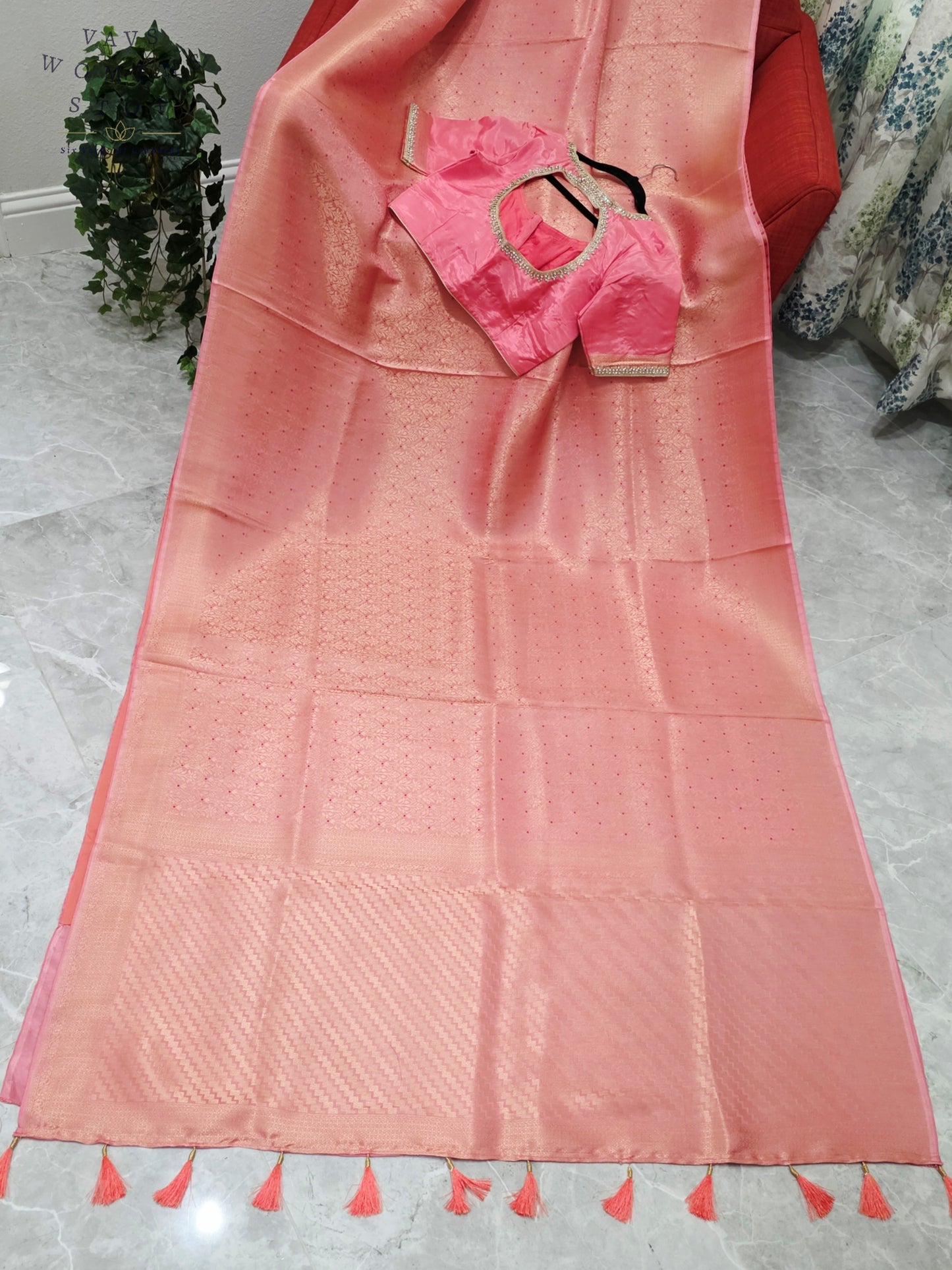 Royal Blush Coral Pink HO Crepe Silk Saree with Designer Stitched Blouse