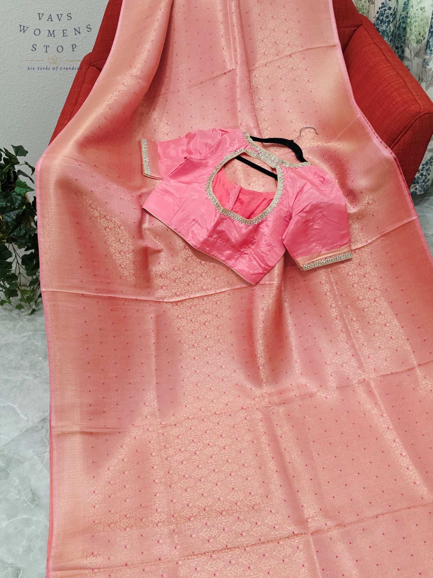 Royal Blush Coral Pink HO Crepe Silk Saree with Designer Stitched Blouse
